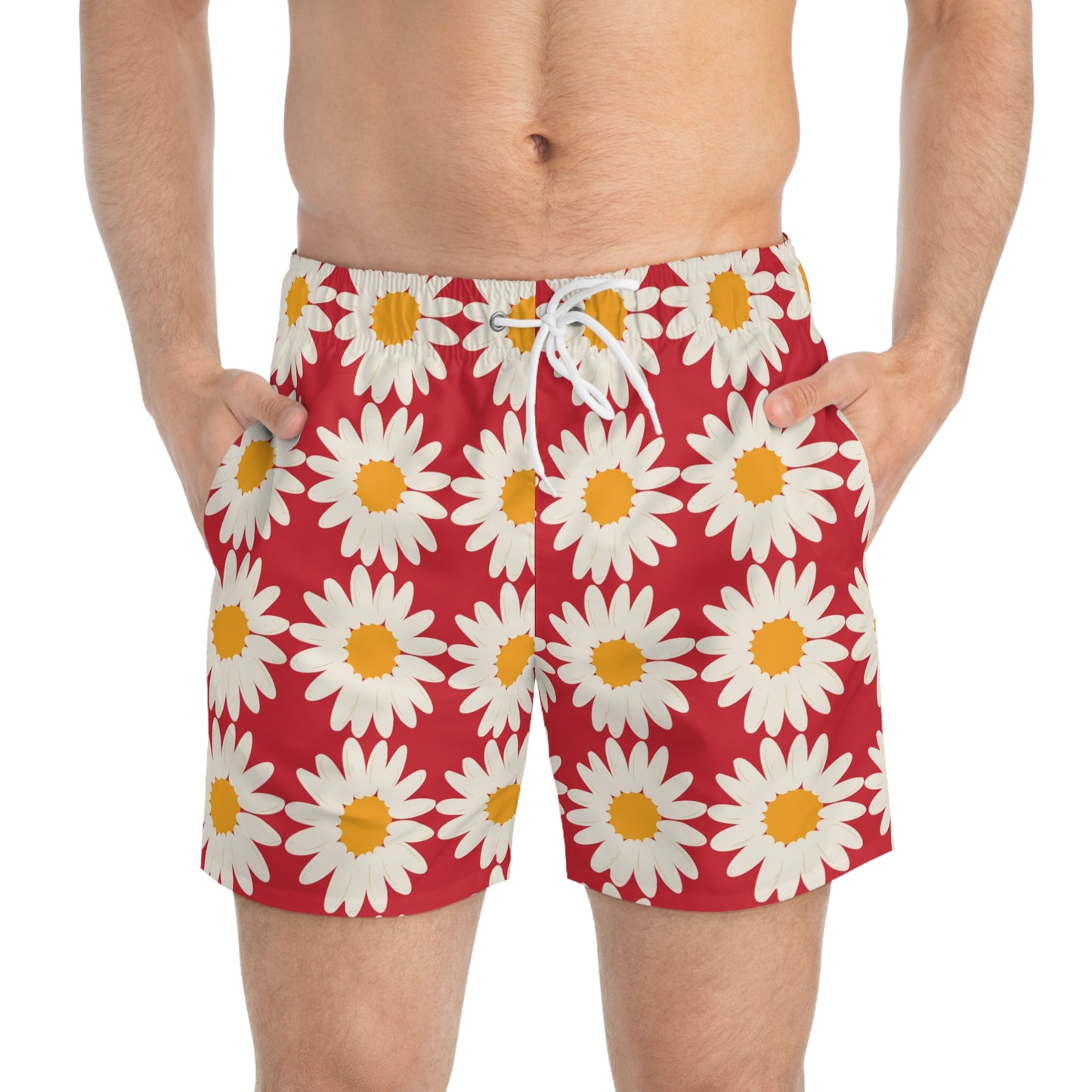 Mens Red Daisy Swim Trunks Summer Mens Swim Floral Daisies Boho Floral Men's Swim Trunks Pool Party Men's Swim Apparel Red Floral Swim