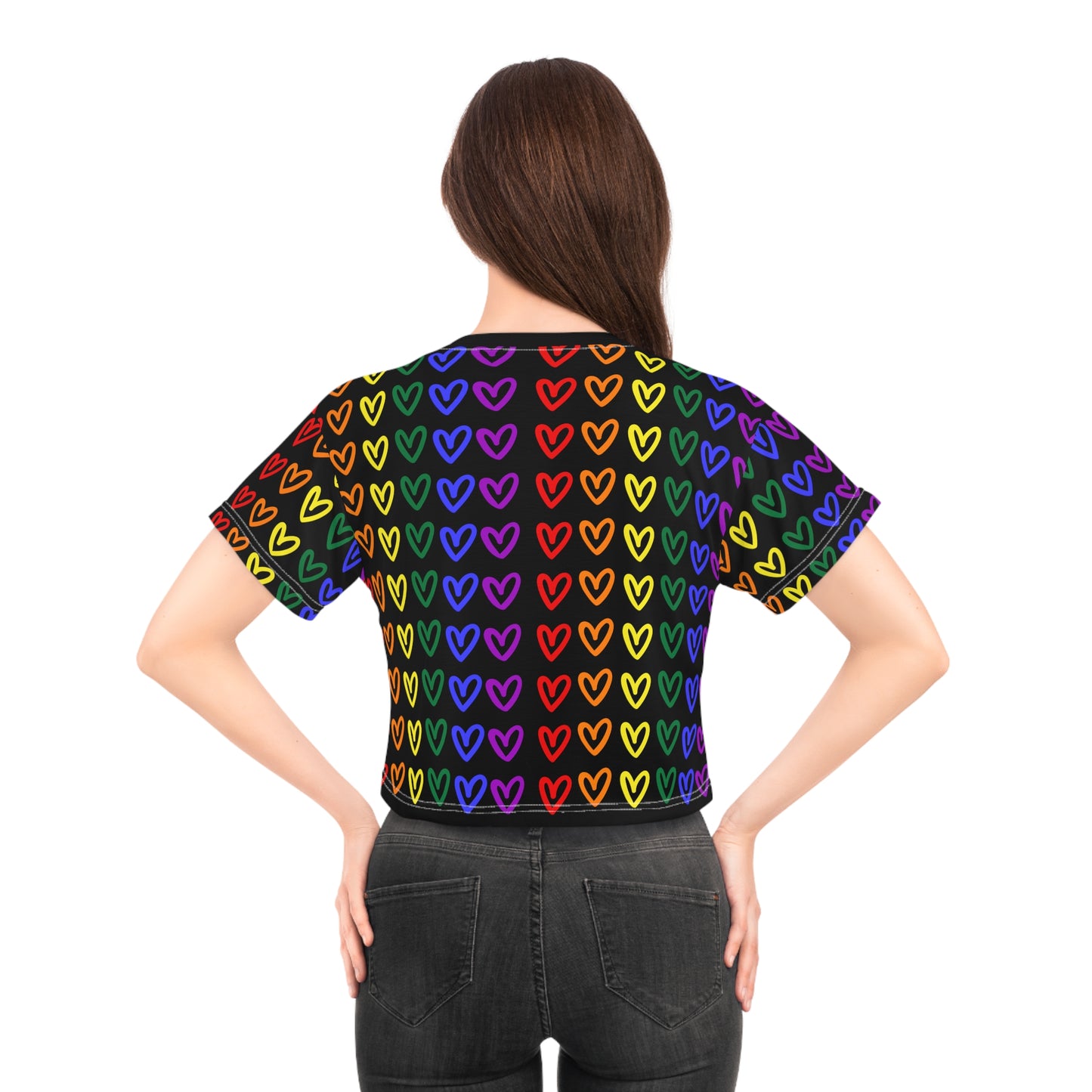 Rainbow Hearts Pride Crop Tee LGBTQ Pride Crop Top Rainbow Hearts gay Pride Rainbow Hearts Crop Top Lesbian Pride Rainbow Hearts Crop Top back person