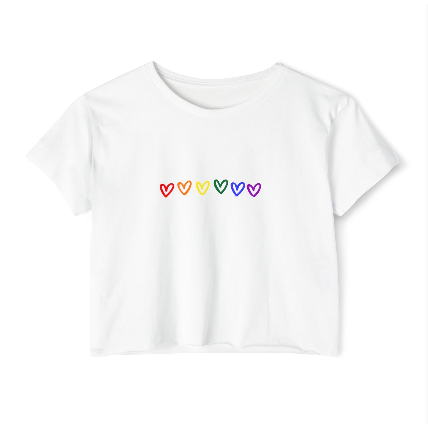 Rainbow Hearts Pride Women's Festival Crop Top LGBTQ Pride Crop Top Rainbow Hearts gay Pride rainbow hearts crop top lesbian pride crop top hearts Lt white