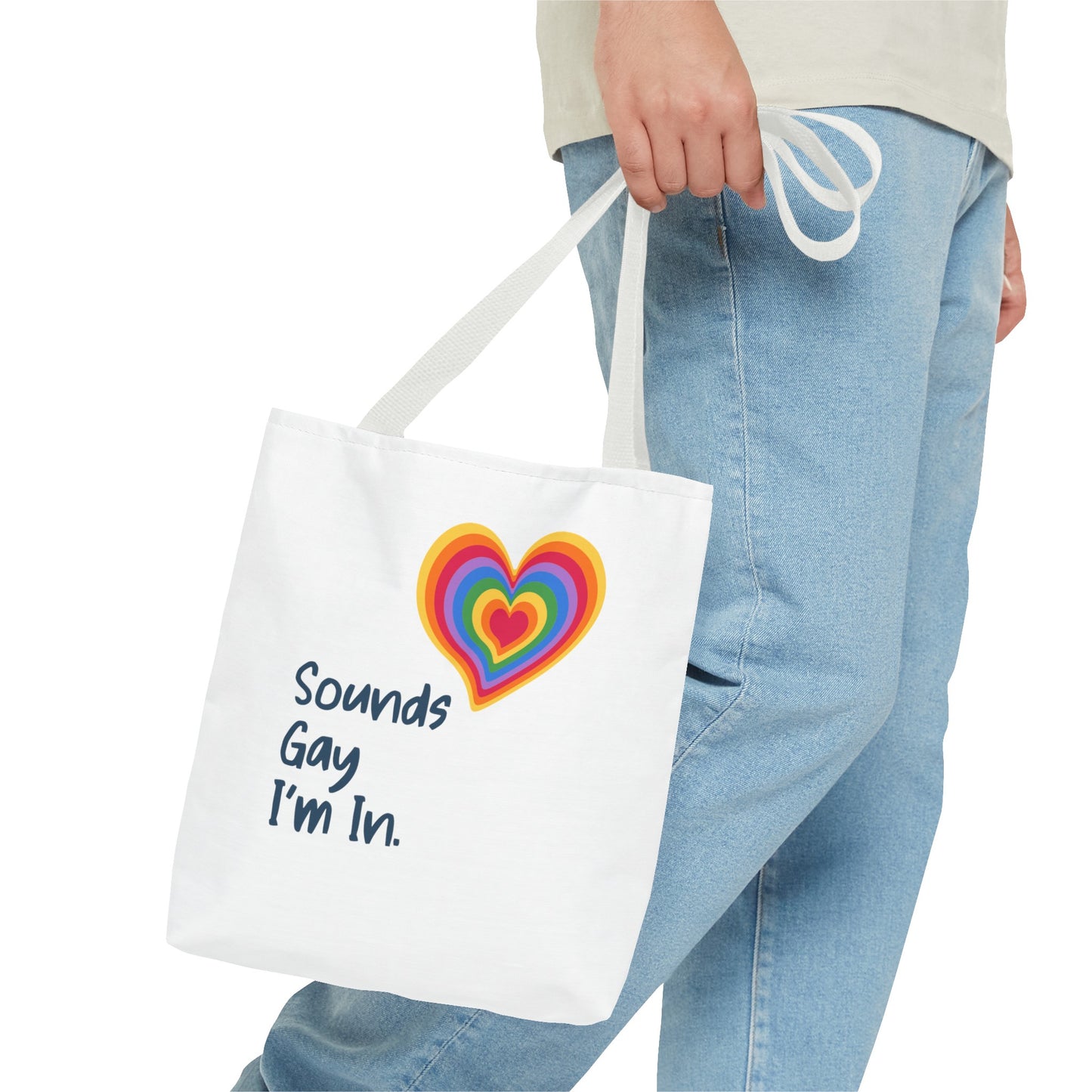 Sounds Gay I'm In Rainbow Heart Tote Bag LGBTQ Pride Tote Bag Rainbow Heart Sounds Gay I'm in Love Rainbow Heart Gay Pride Tote Sounds Gay I'm in White Handle