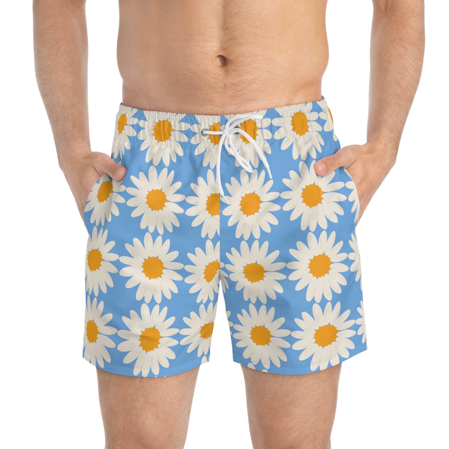 Sky Blue Daisy Men's Swim Trunks Floral Light Blue Men's Swim Trunks Floral Men's Summer Swim Apparel Light Blue Daisies