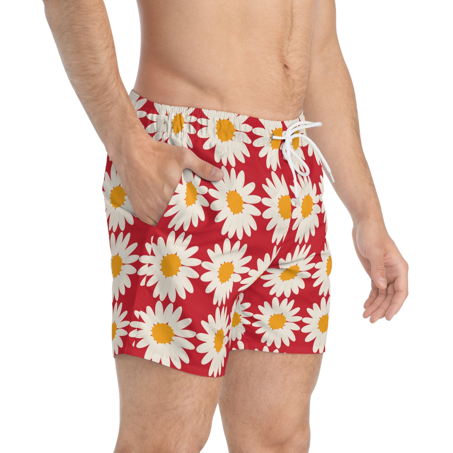 Mens Red Daisy Swim Trunks Summer Mens Swim Floral Daisies Boho Floral Men's Swim Trunks Pool Party Men's Swim Apparel Red Floral Swim
