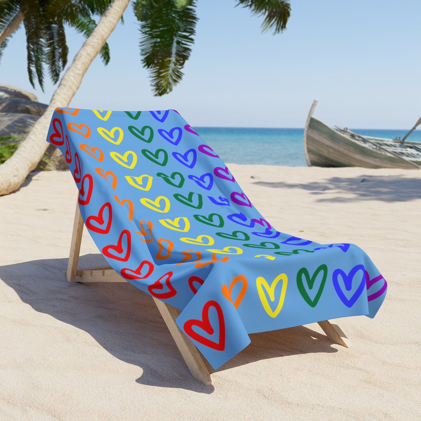 Rainbow Hearts Light Blue Beach Towel LGBTQ Pride Beach Towel Hearts Rainbow Light Blue Gay Pride Beach Towel Light Blue Rainbow Hearts