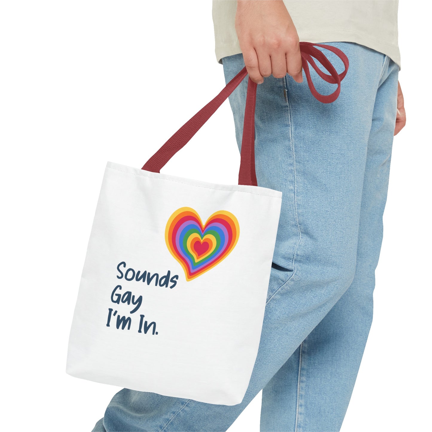 Sounds Gay I'm In Rainbow Heart Tote Bag LGBTQ Pride Tote Bag Rainbow Heart Sounds Gay I'm in Love Rainbow Heart Gay Pride Tote Sounds Gay I'm in Red Handle