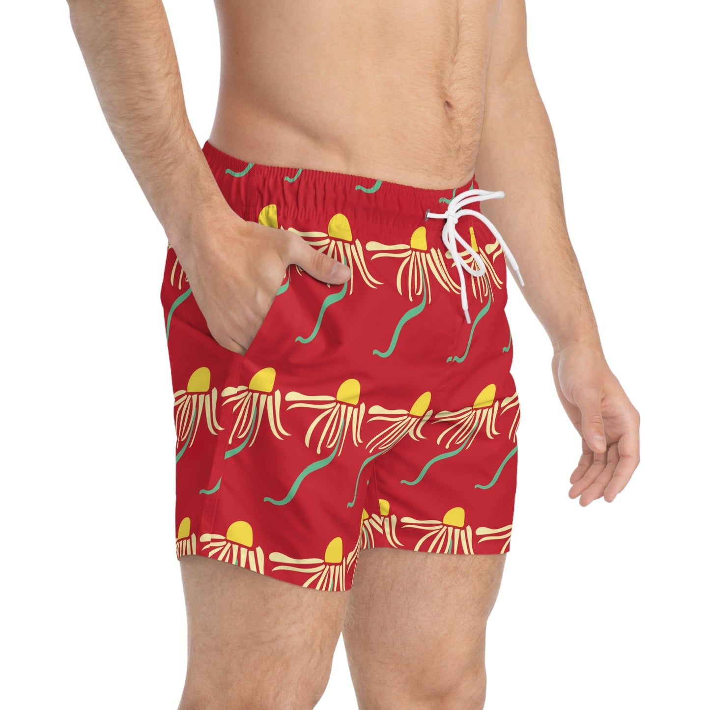 Red Dizzy Daisy Swim Trunks Cute Boho Men's Swim Apparel Western Floral Psychedelic Daisy Red Men's Swim Trunks & Apparel