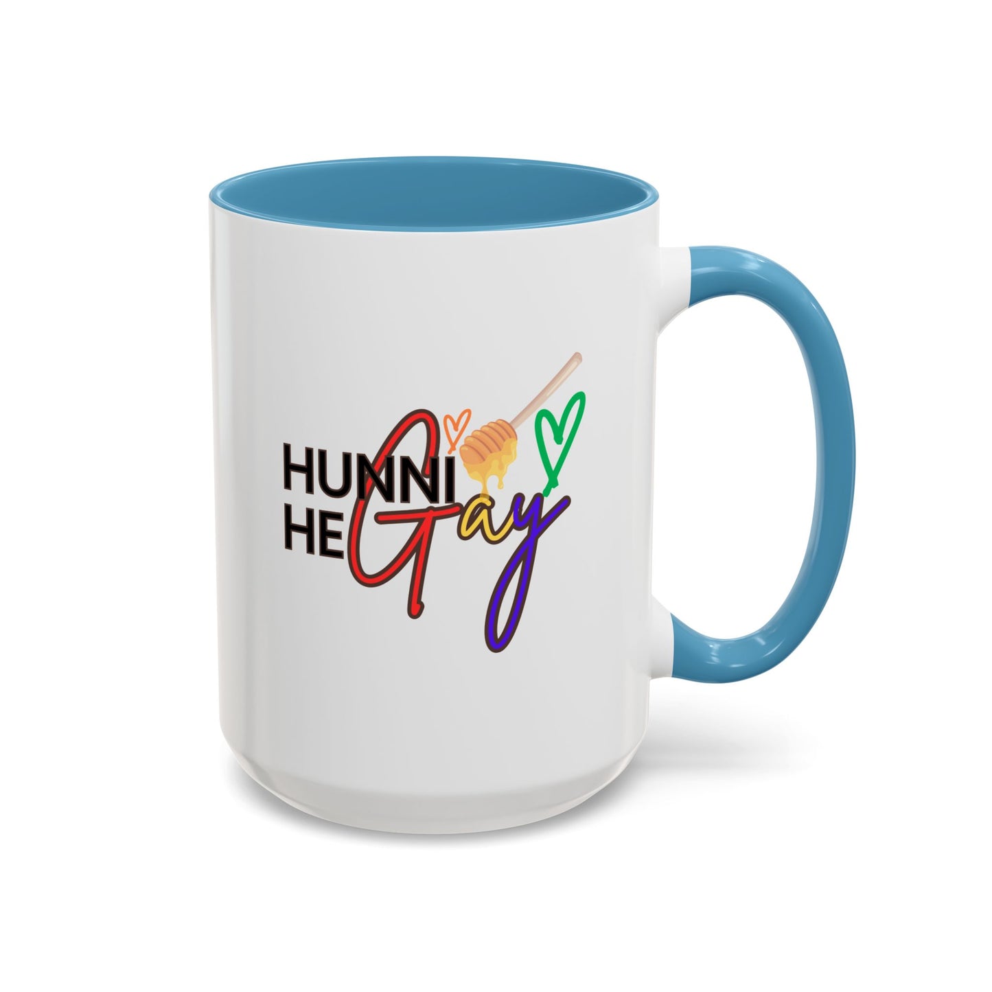 White ceramic coffee mug featuring "Hunni He Gay" in bold rainbow text, complemented by a soft sky blue handle and rim for a fresh, uplifting Pride aesthetic.