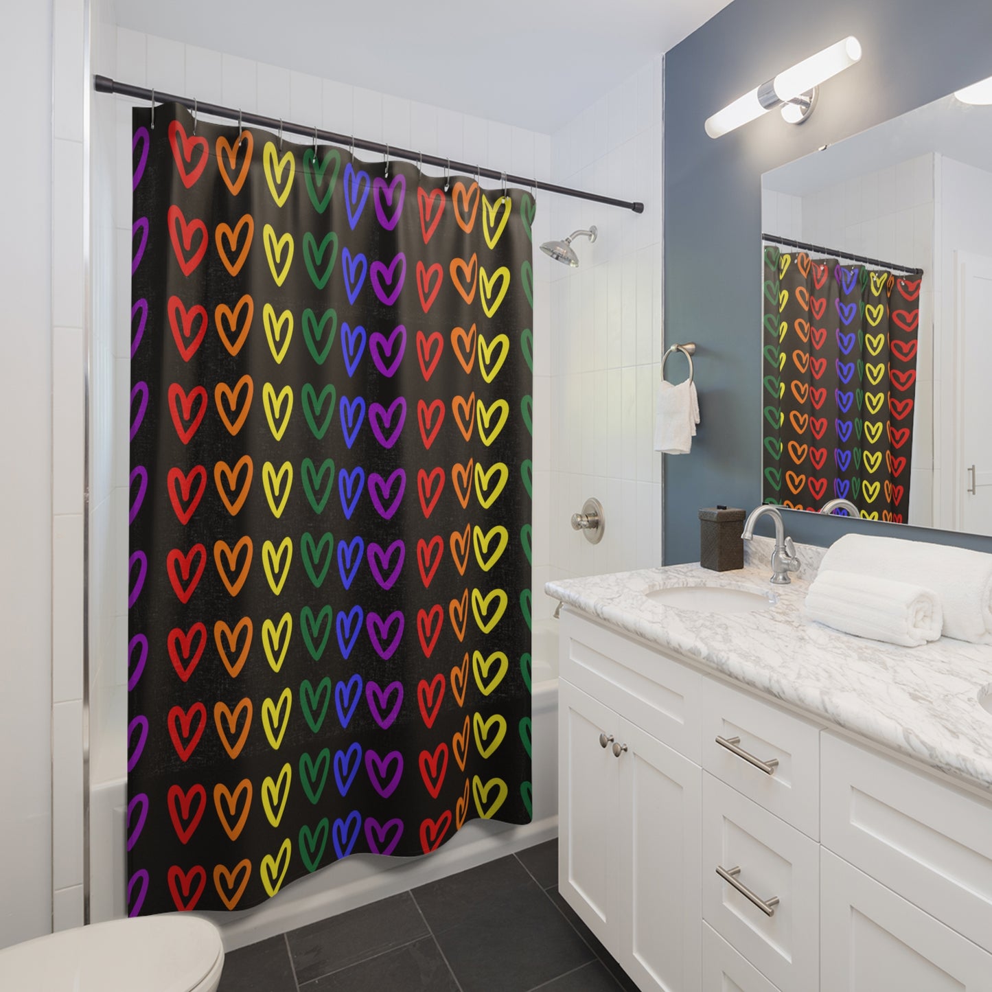 Rainbow Hearts Shower Curtain LGBTQ Pride Home Decor Rainbow Hearts Black Shower Curtain LGBTQ Rainbow Home Decor Bathroom Rainbow Shower Curtain