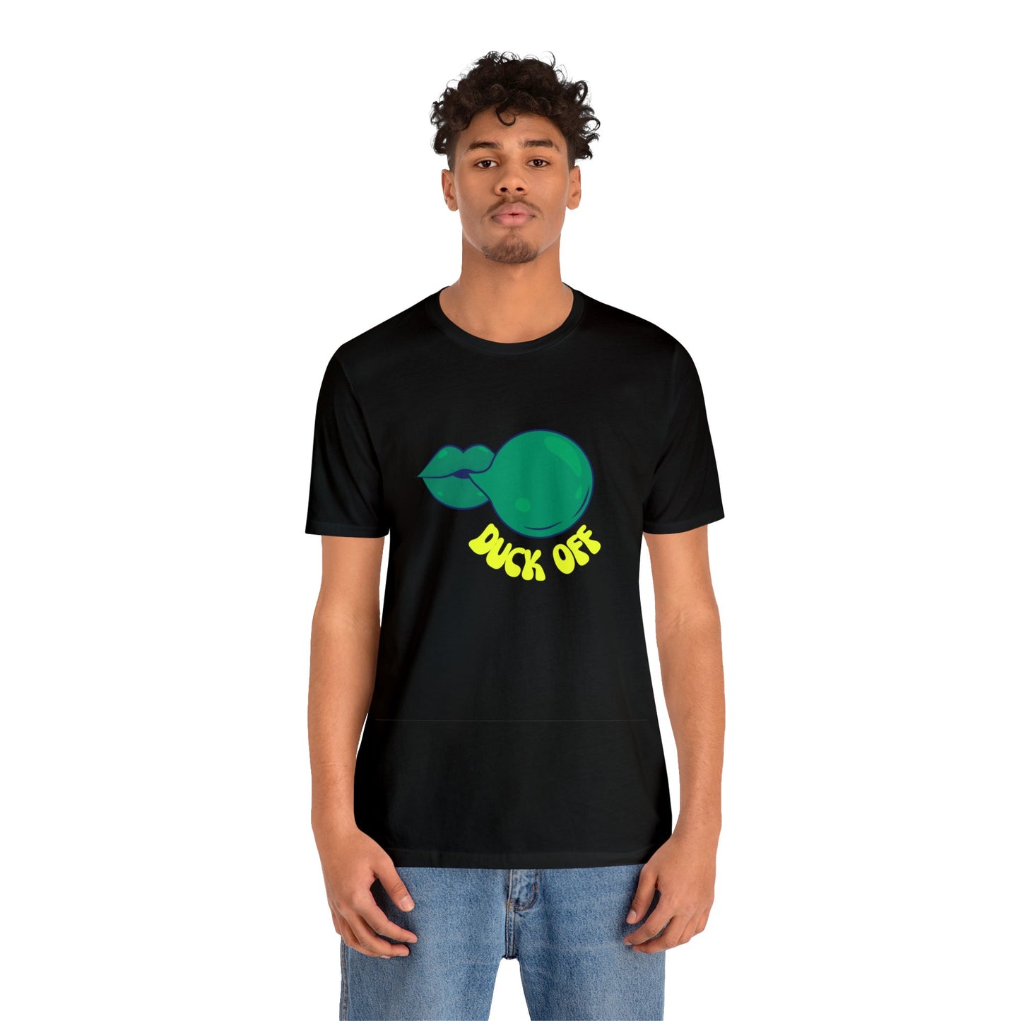 Black "Duck Off" T-Shirt styled at a football stadium, blending casual comfort with bold fan energy.