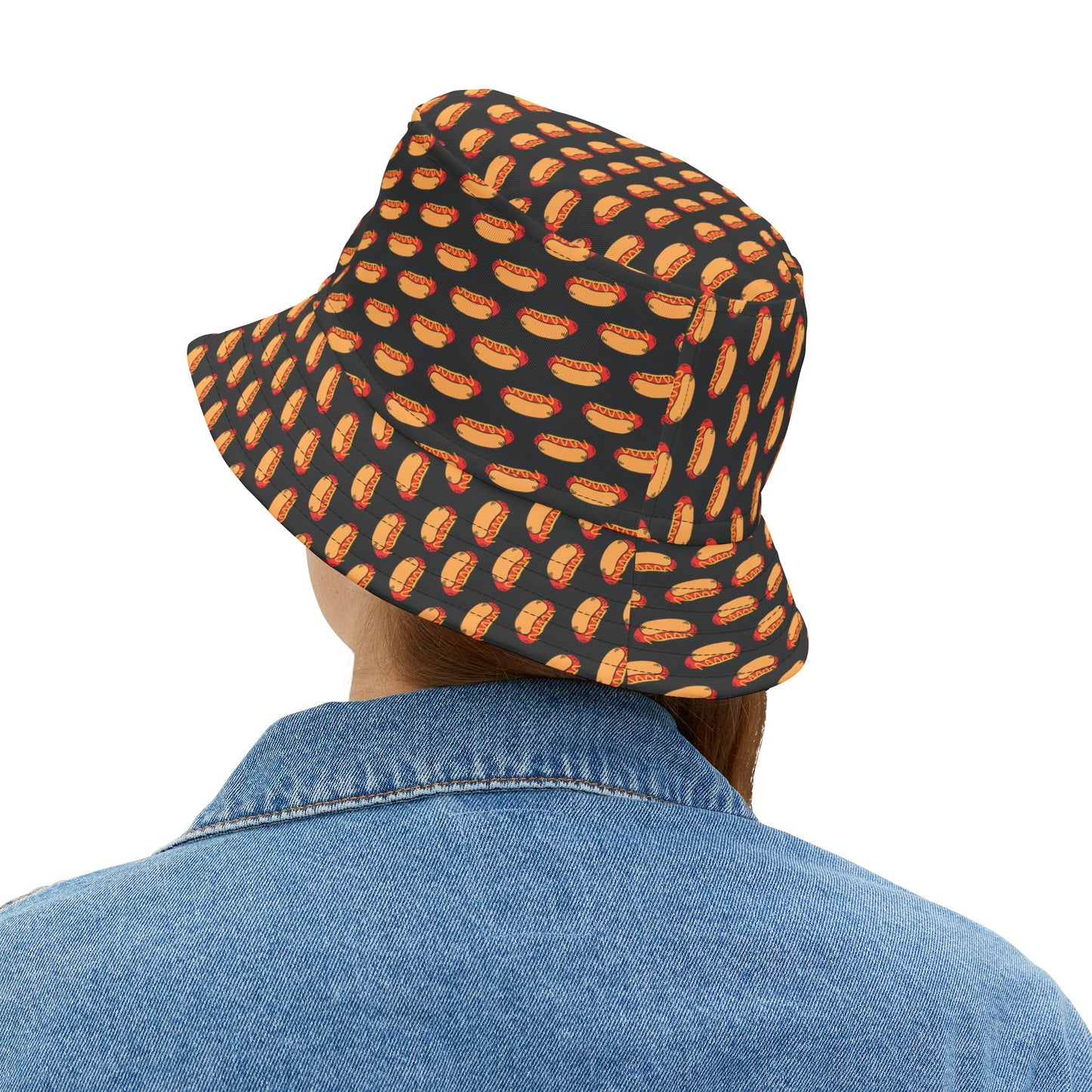 Classic black bucket hat featuring an embroidered hot dog—perfect for Fourth of July celebrations.