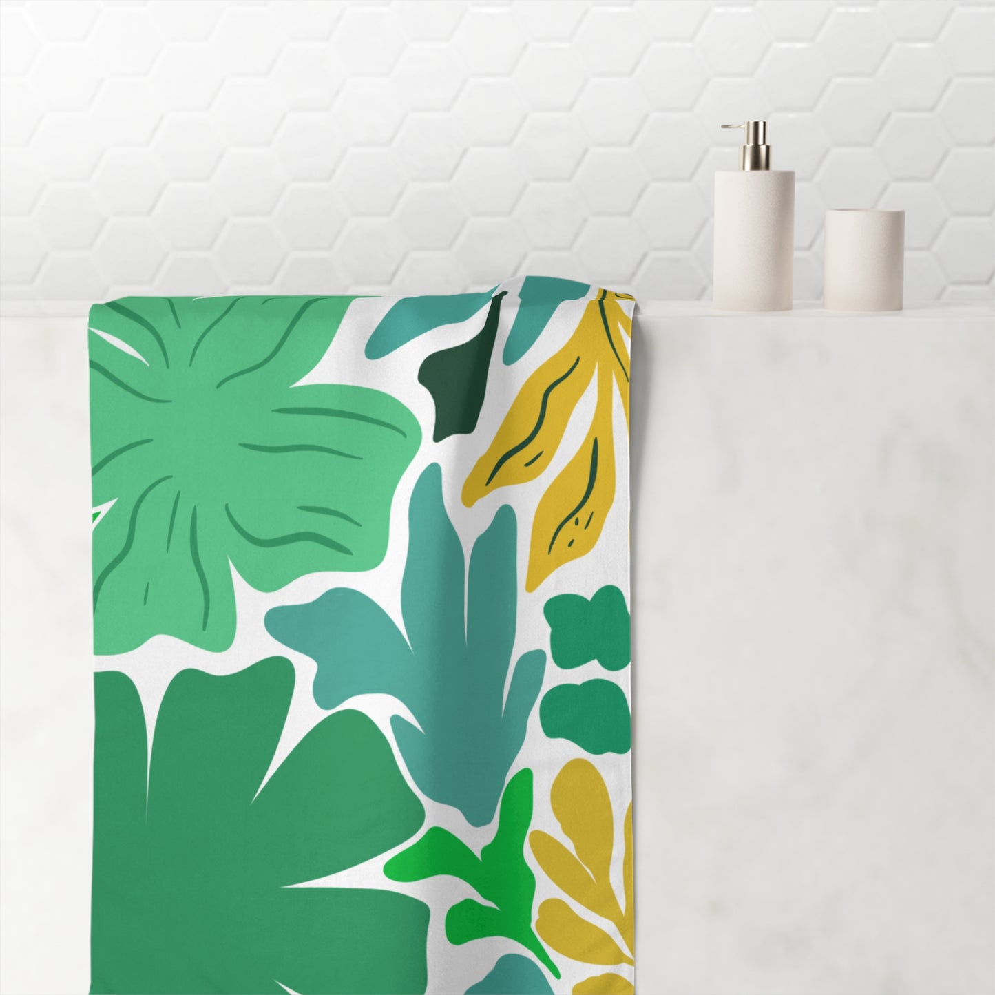 Bold floral towel featuring green and yellow garden motifs – cozy accessory for college-inspired and expressive spaces