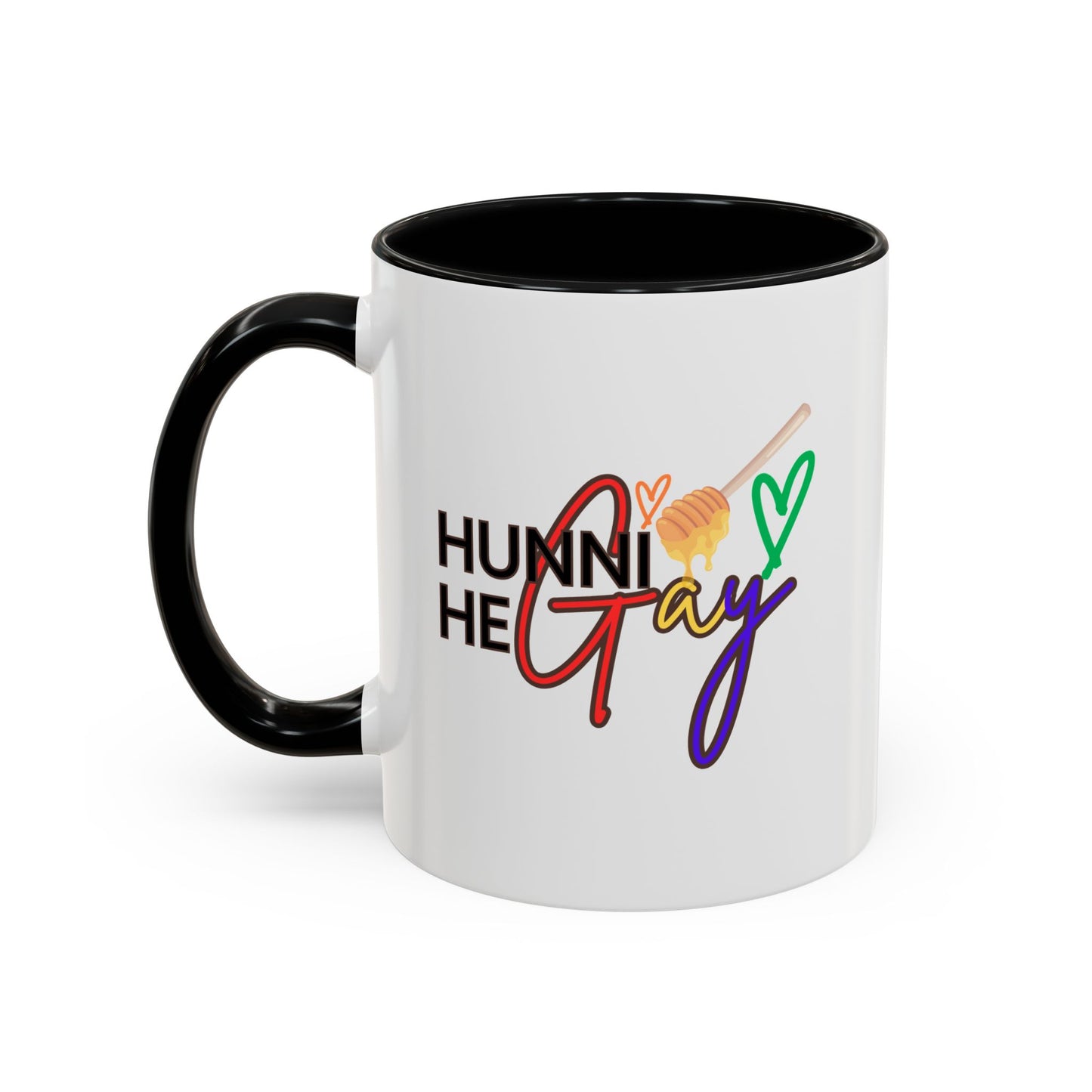 Glossy "Hunni He Gay" Pride mug with vibrant rainbow text, highlighted by a bold black handle and rim for a stylish, edgy LGBTQ+ statement piece.