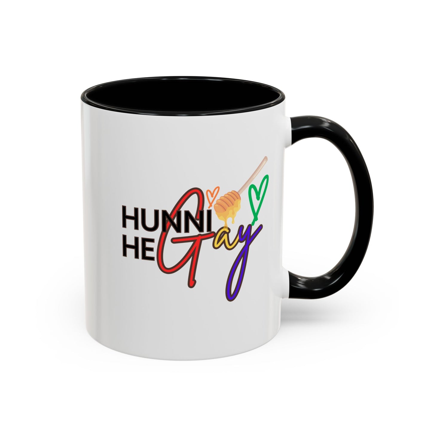 White ceramic "Hunni He Gay" mug with vibrant rainbow lettering, finished with a stylish black handle and rim for a subtle yet powerful LGBTQ+ statement piece.