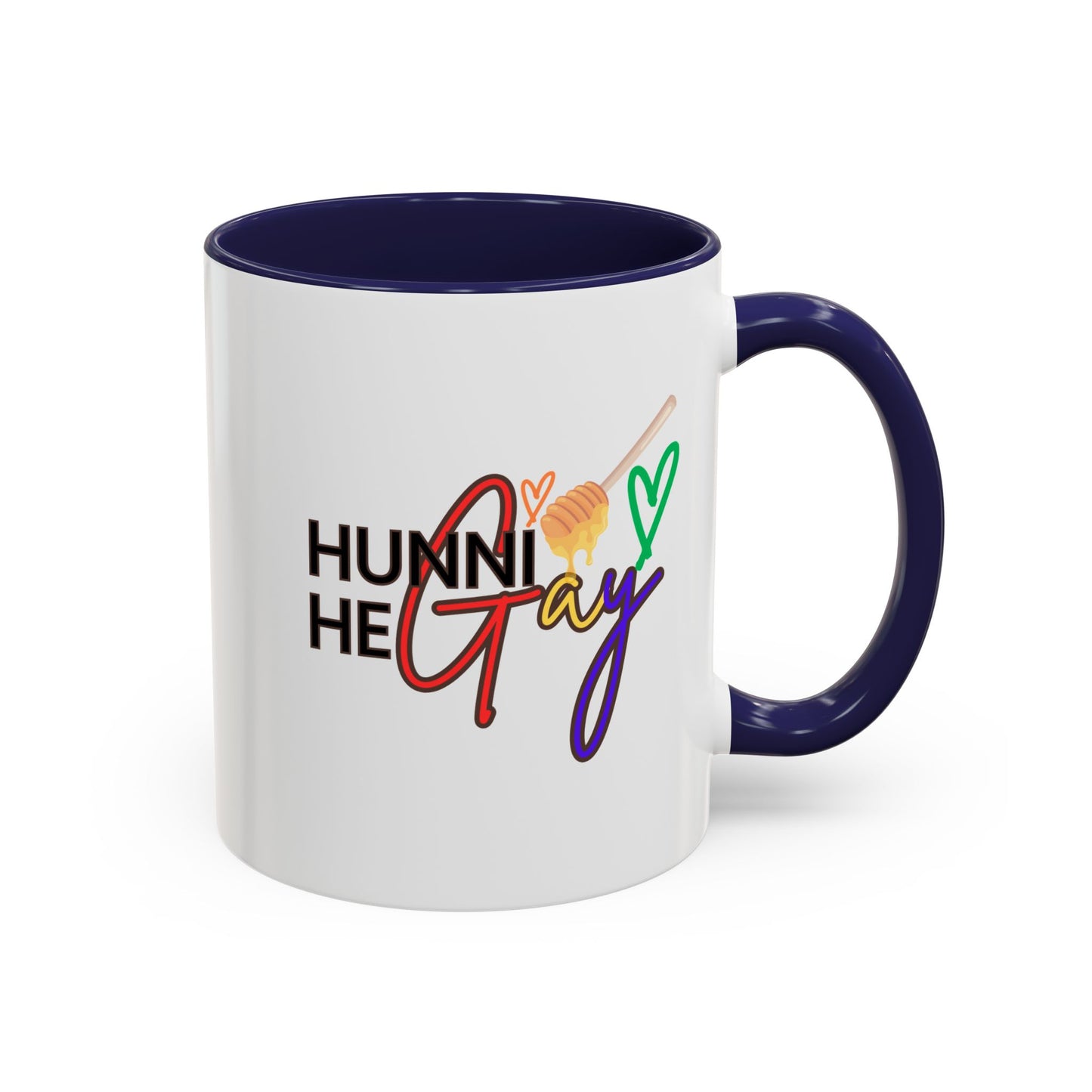 Glossy LGBTQ+ coffee cup with vibrant "Hunni He Gay" typography, accented with a rich purple handle and rim to amplify its fierce and celebratory energy.