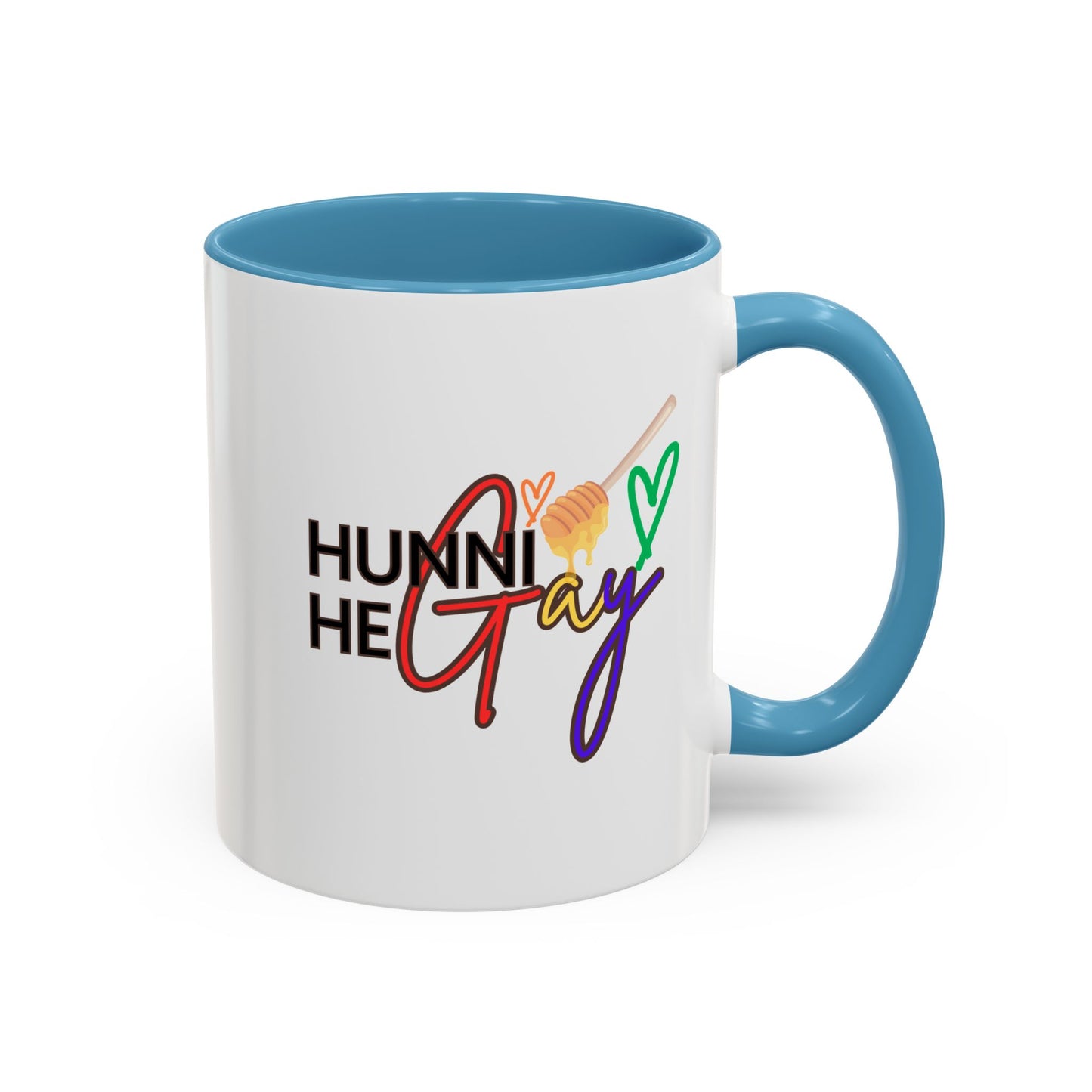Glossy LGBTQ+ coffee mug with colorful "Hunni He Gay" typography, highlighted by a calming sky blue accent that adds a stylish Pride touch.