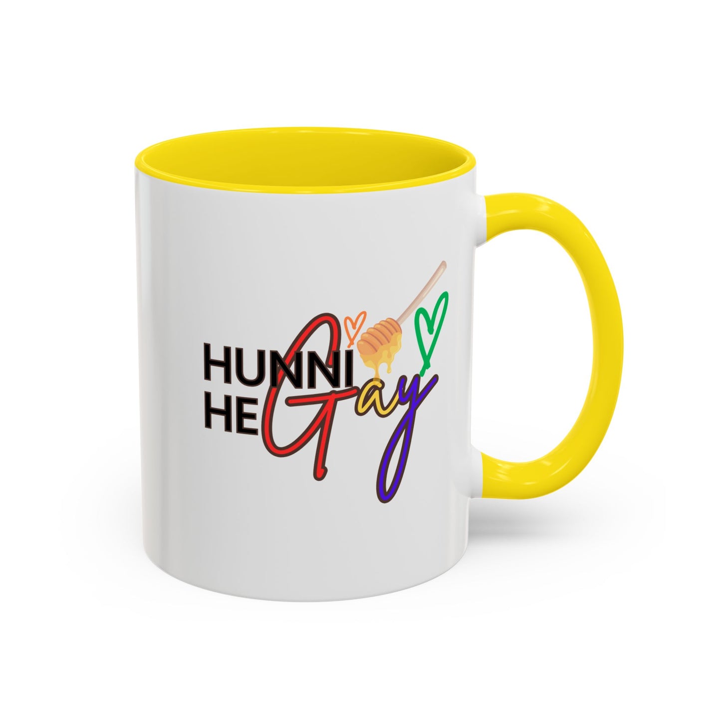 Bold and uplifting "Hunni He Gay" mug with a glossy white finish, eye-catching rainbow text, and a sunny yellow handle and rim to radiate positivity and allyship.