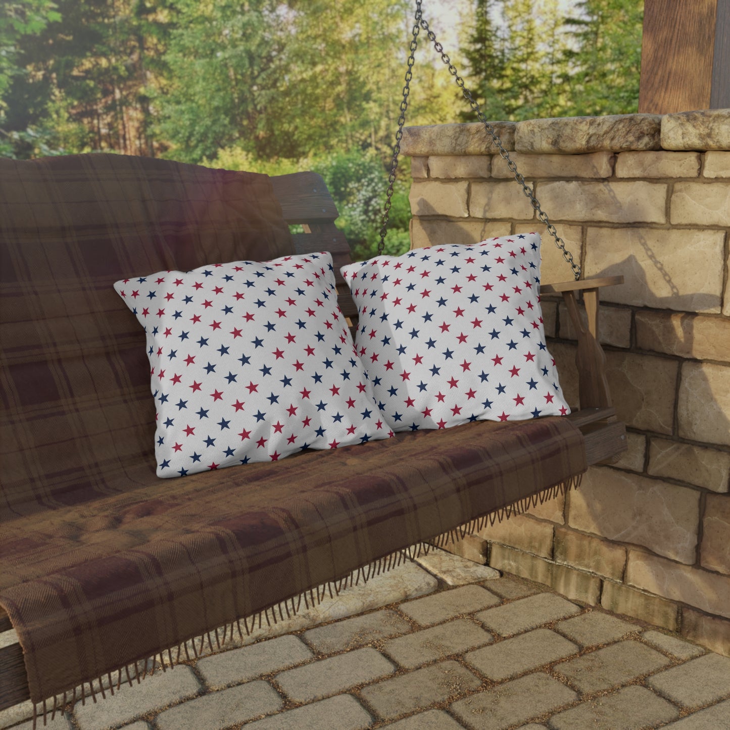 Bold Fourth of July pillow with a striking red, white, and blue star design—perfect for adding festive flair to any space