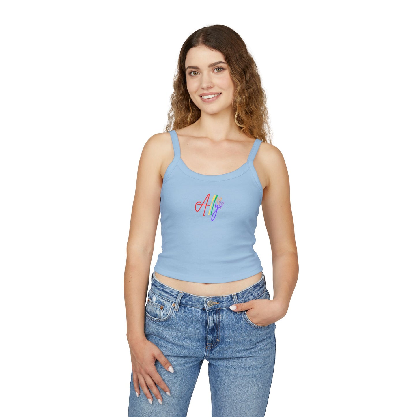 Bright & Bold Rainbow Ally Tank Top – A pastel blue tank featuring vibrant cursive "Ally" in rainbow colors, making a strong statement for love and unity.