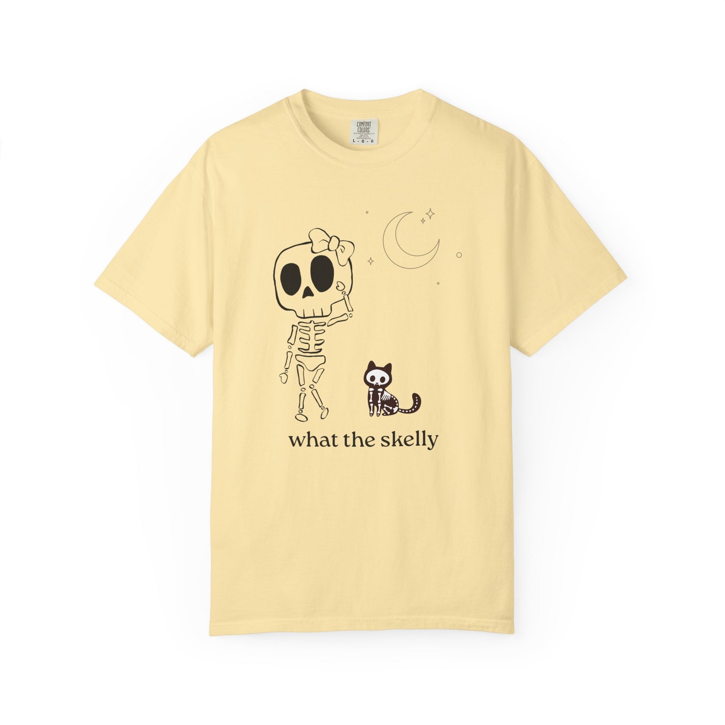 Butter yellow Halloween tee with skeleton and cat graphic, perfect for whimsical October outfits and spooky season layering.