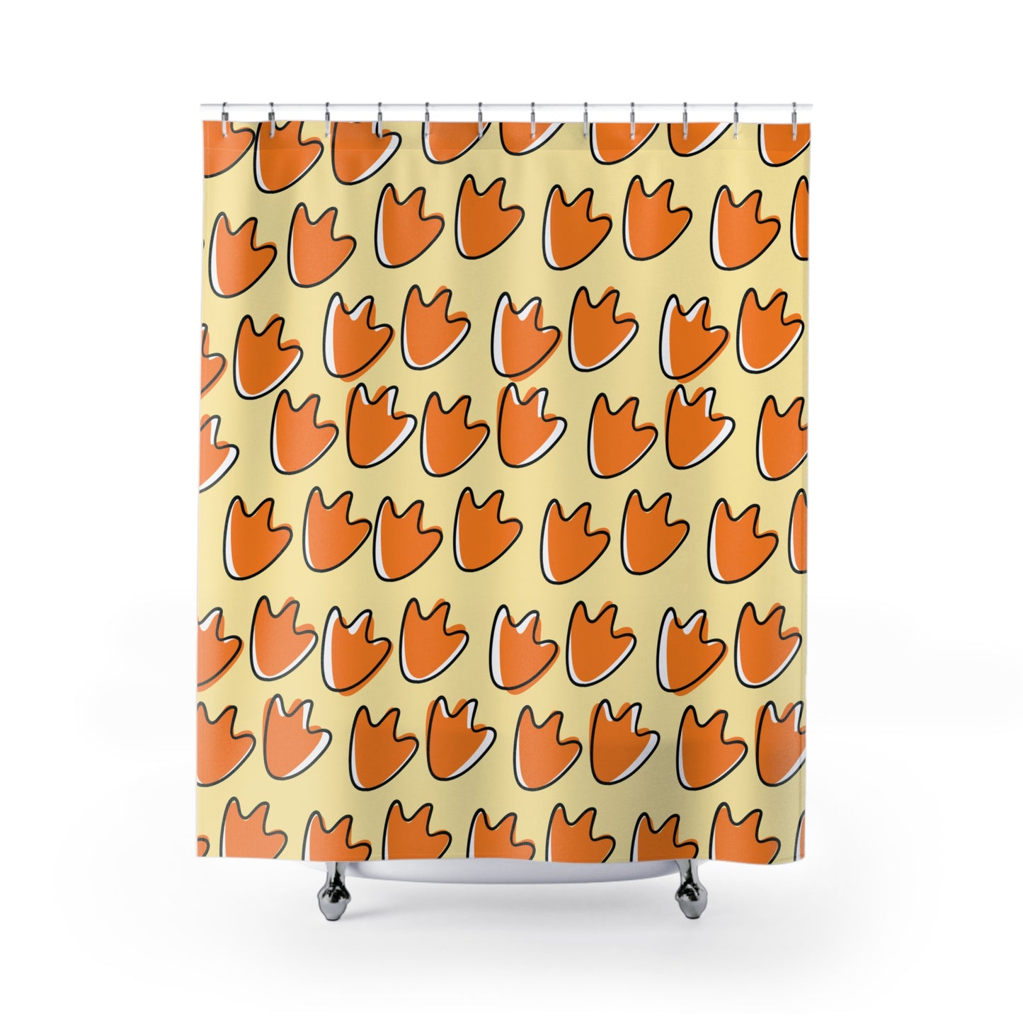 Butter yellow shower curtain with retro duck and webfoot design for college dorm bathrooms