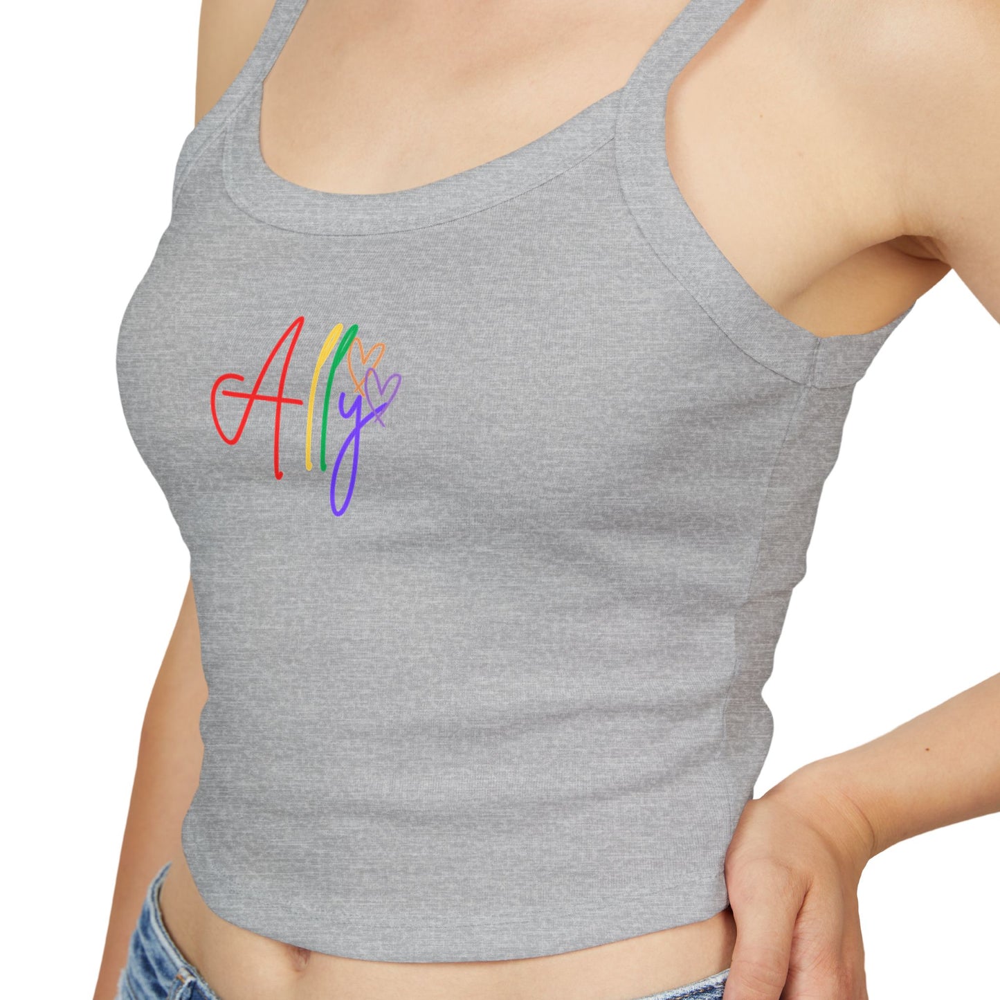 Classic Gray Ally Pride Tank – A sleek gray sleeveless tank with vibrant rainbow cursive "Ally," making a stylish and bold statement for LGBTQ+ support.