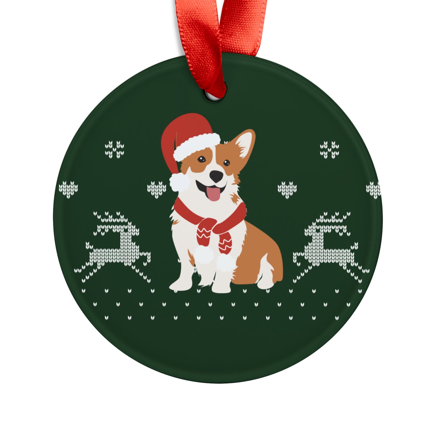 front view of corgi Christmas ornament with Santa hat and festive expression, sitting against white background