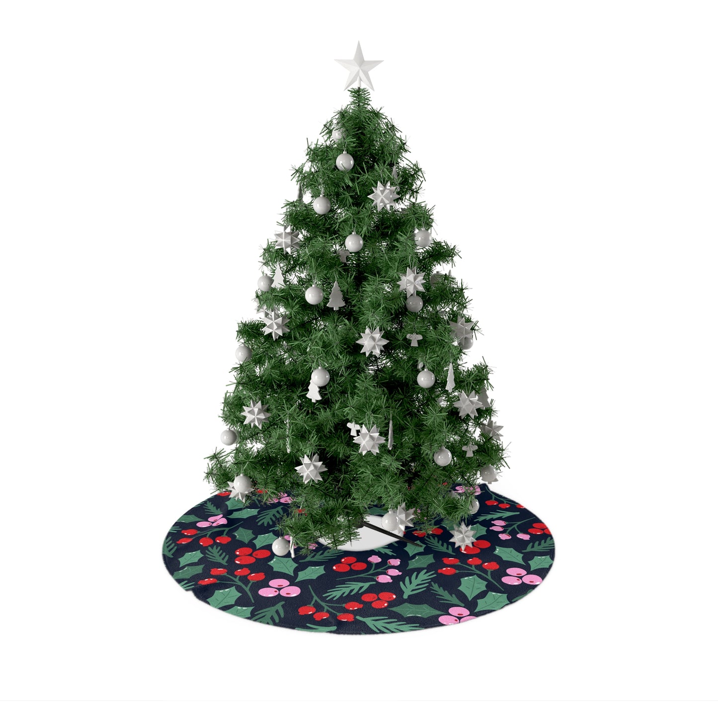 Close-up detail of cute Christmas holly pattern in blue, pink, and multicolor