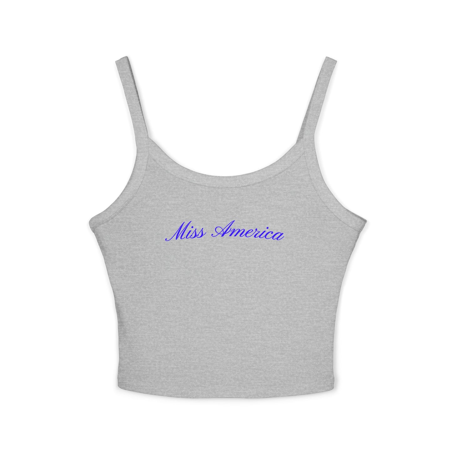 Trendy light gray tank top showcasing blue cursive “Miss America” text—cute, comfortable, and ideal for summer celebrations.
