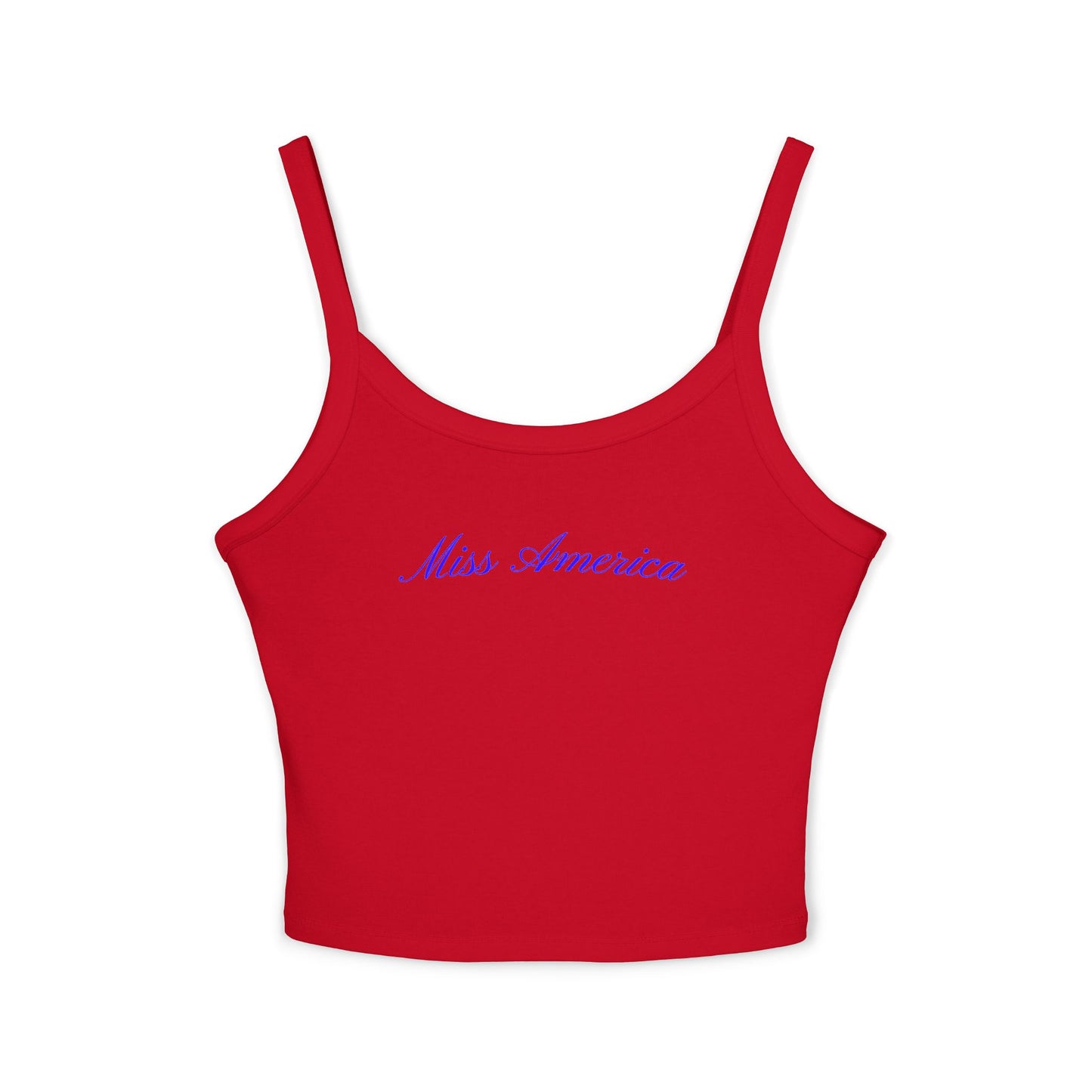 Trendy red tank top showcasing blue cursive “Miss America” text—cute, comfortable, and ideal for summer celebrations.
