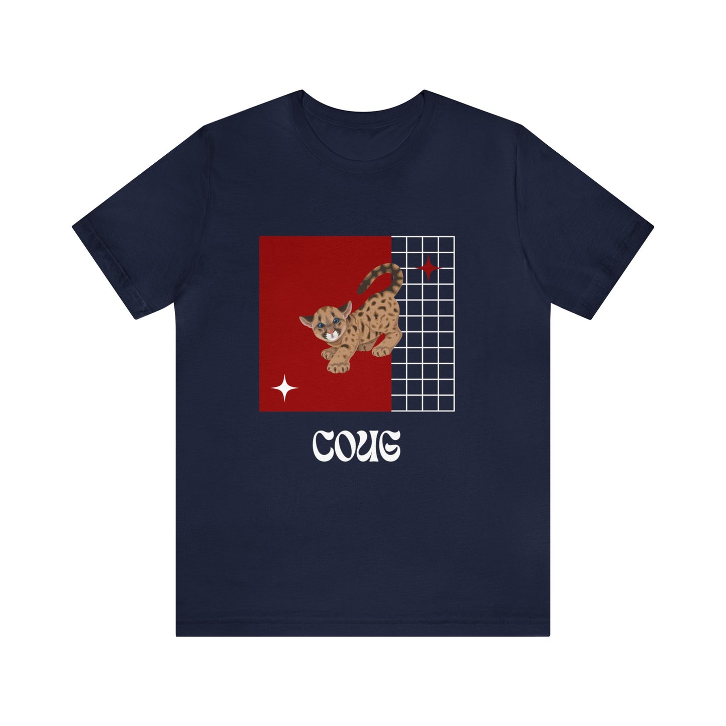 Front view of Cutie Coug mascot t-shirt in navy—deep blue shirt with cheeky crimson and gray graphic styled for Coug holiday or gameday looks