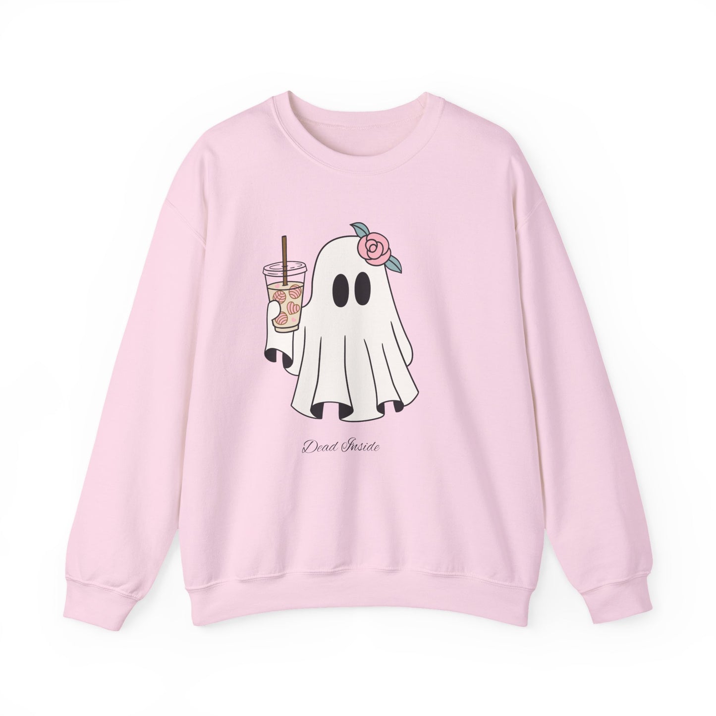 Pink Halloween sweatshirt with ghost graphic and “dead inside” text, styled for cozy spooky season looks.