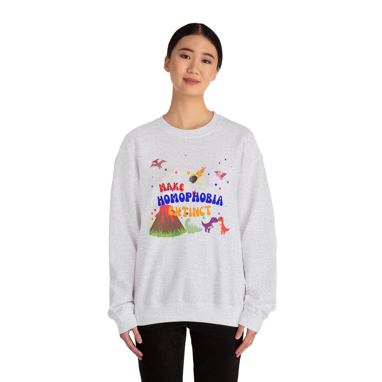 Minimalist light gray Pride sweatshirt with a charming dinosaur design and “Make Homophobia Extinct” slogan—stylish, expressive, and empowering.