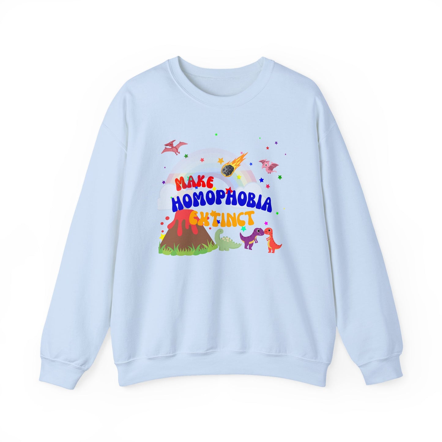 Pastel baby blue Pride sweatshirt with a charming dinosaur design and “Make Homophobia Extinct” slogan—stylish, expressive, and empowering.