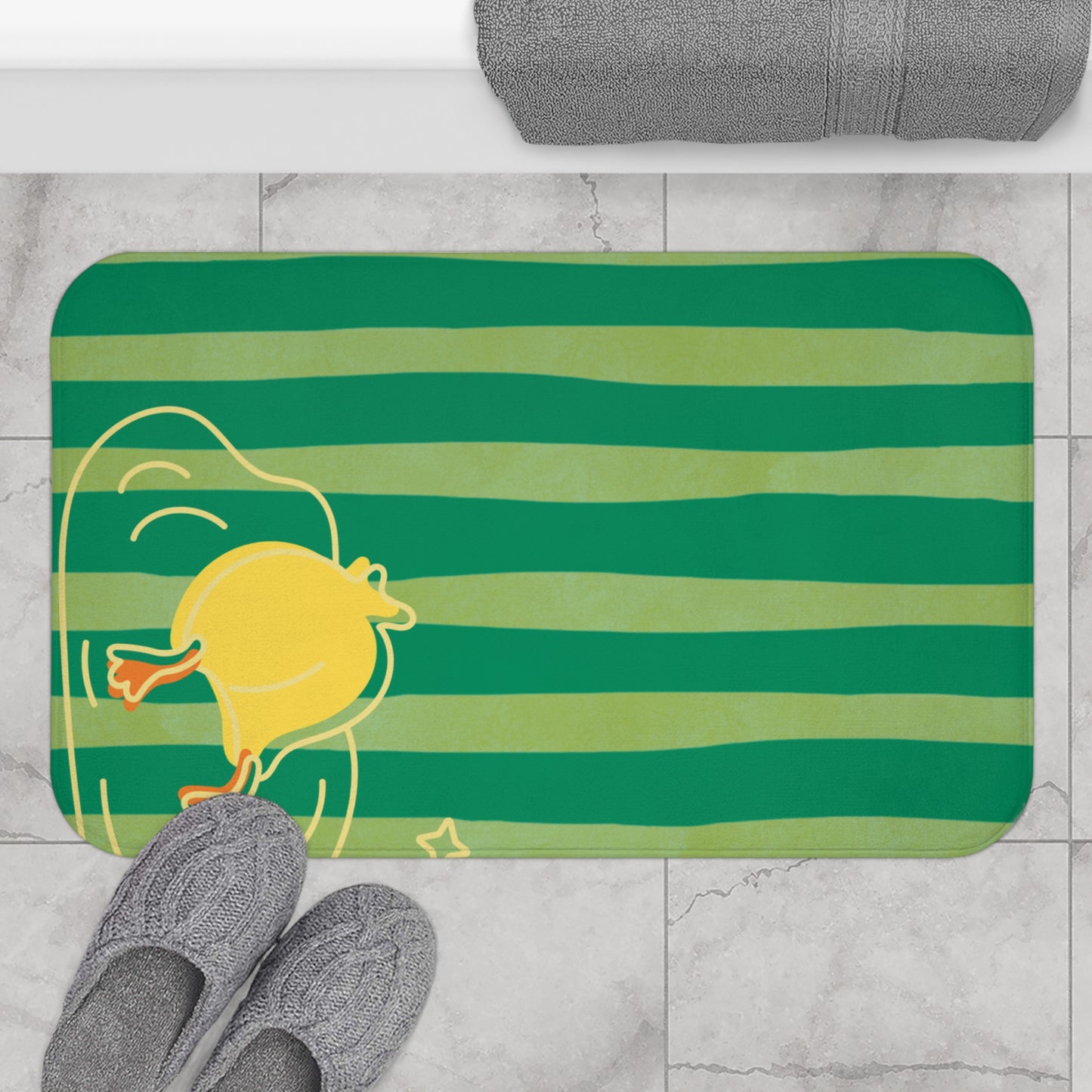Gift-ready bath mat with humorous duck diving design and college-core aesthetic