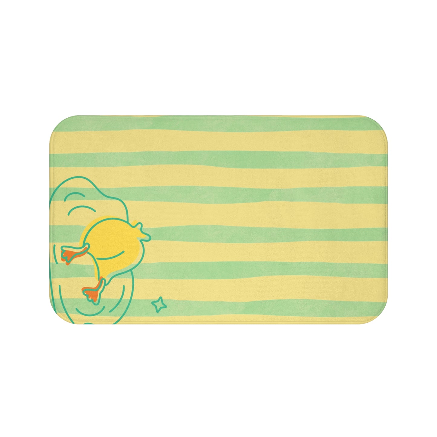 Yellow and green striped bath mat with duck “buns up” design styled in college dorm bathroom