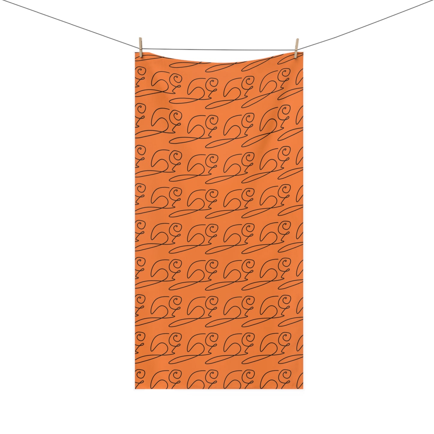 Front view of elegant cursive beaver-inspired orange bath towel