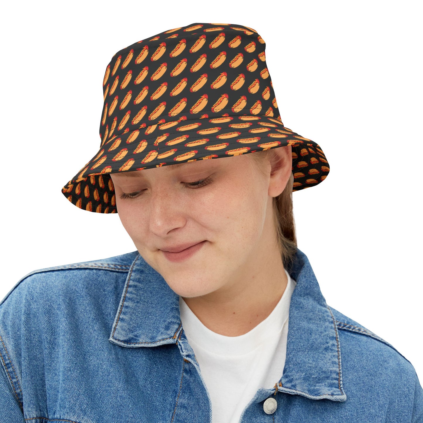 Minimalist black bucket hat showcasing a bold hot dog graphic—great for patriotic festivities.