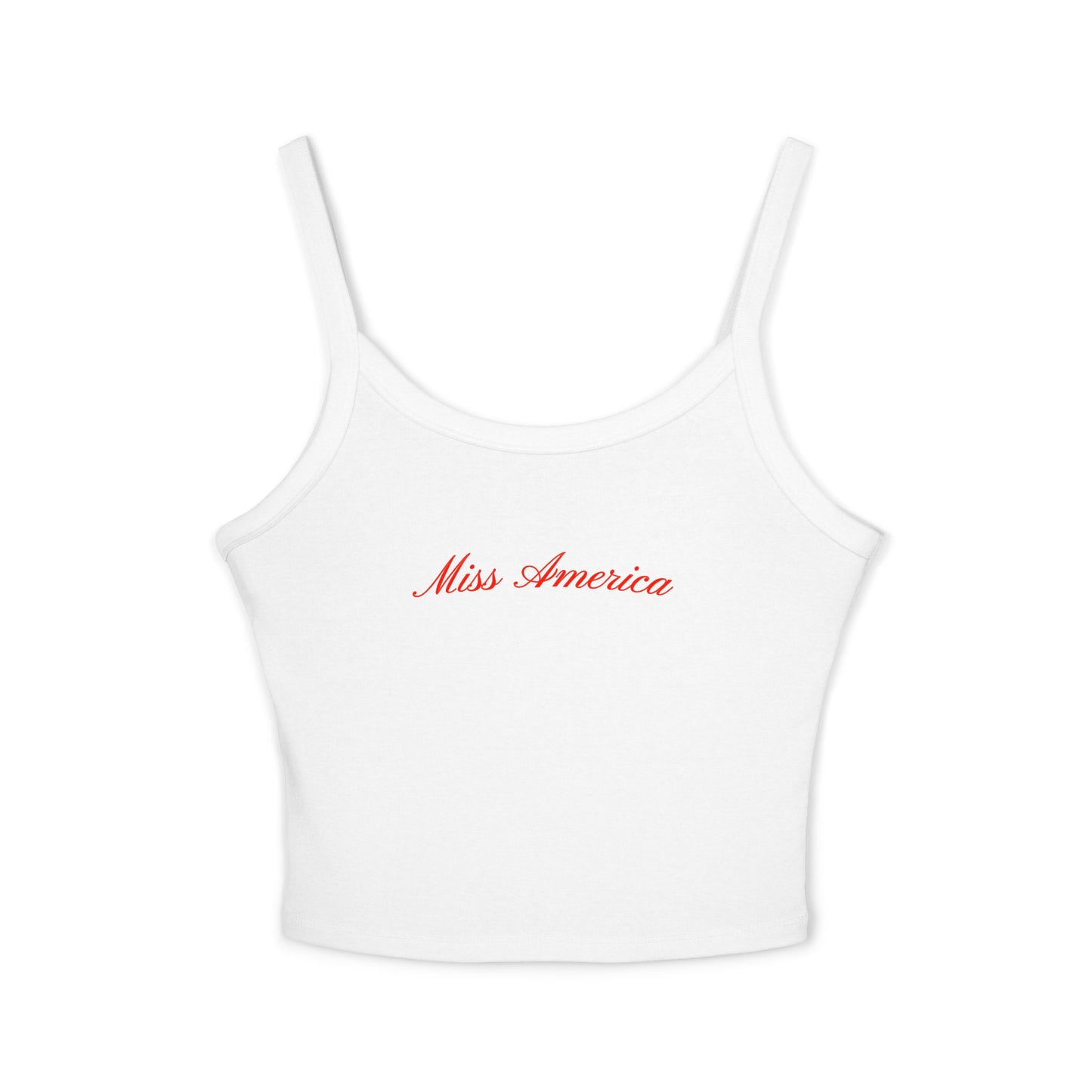 Bright white tank top showcasing striking red “Miss America” lettering—sleek, expressive, and full of Independence Day spirit.