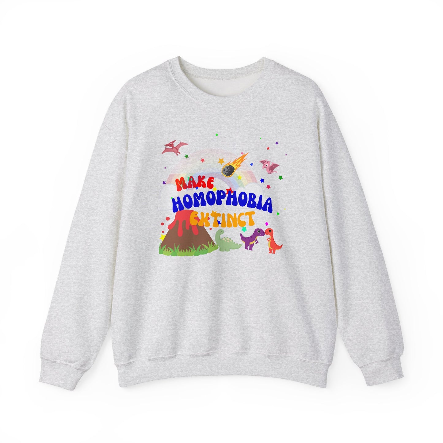 - Minimalist light gray LGBTQ+ crewneck sweatshirt featuring dinosaurs and “Make Homophobia Extinct” text—bold, stylish, and full of Pride spirit.