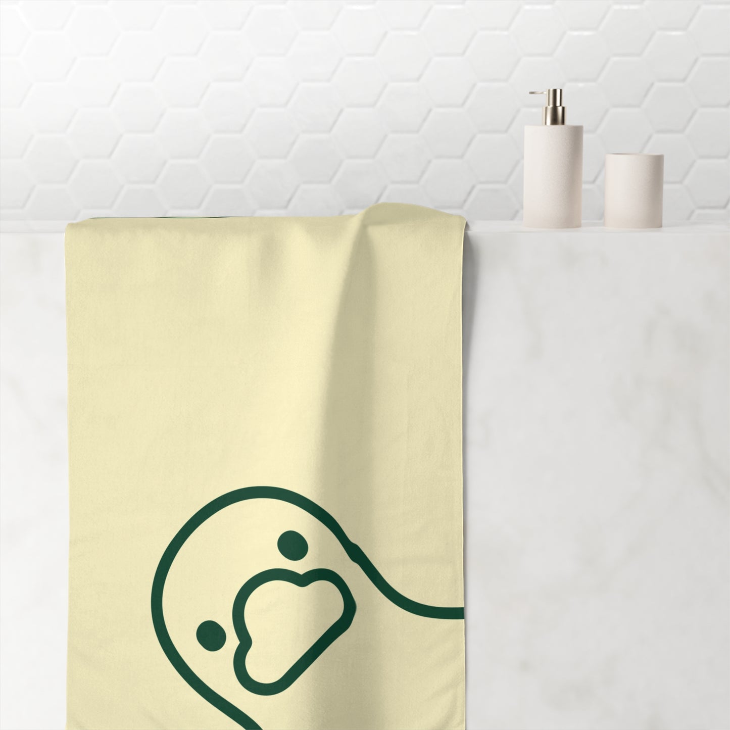 Bathroom towel featuring cheeky duck on pastel yellow background – quirky and spirited bath decor for dorms and playful homes