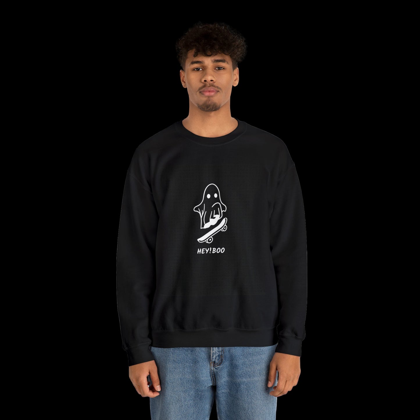 Funny ghost skateboard pullover with playful Halloween design and cozy crewneck fit