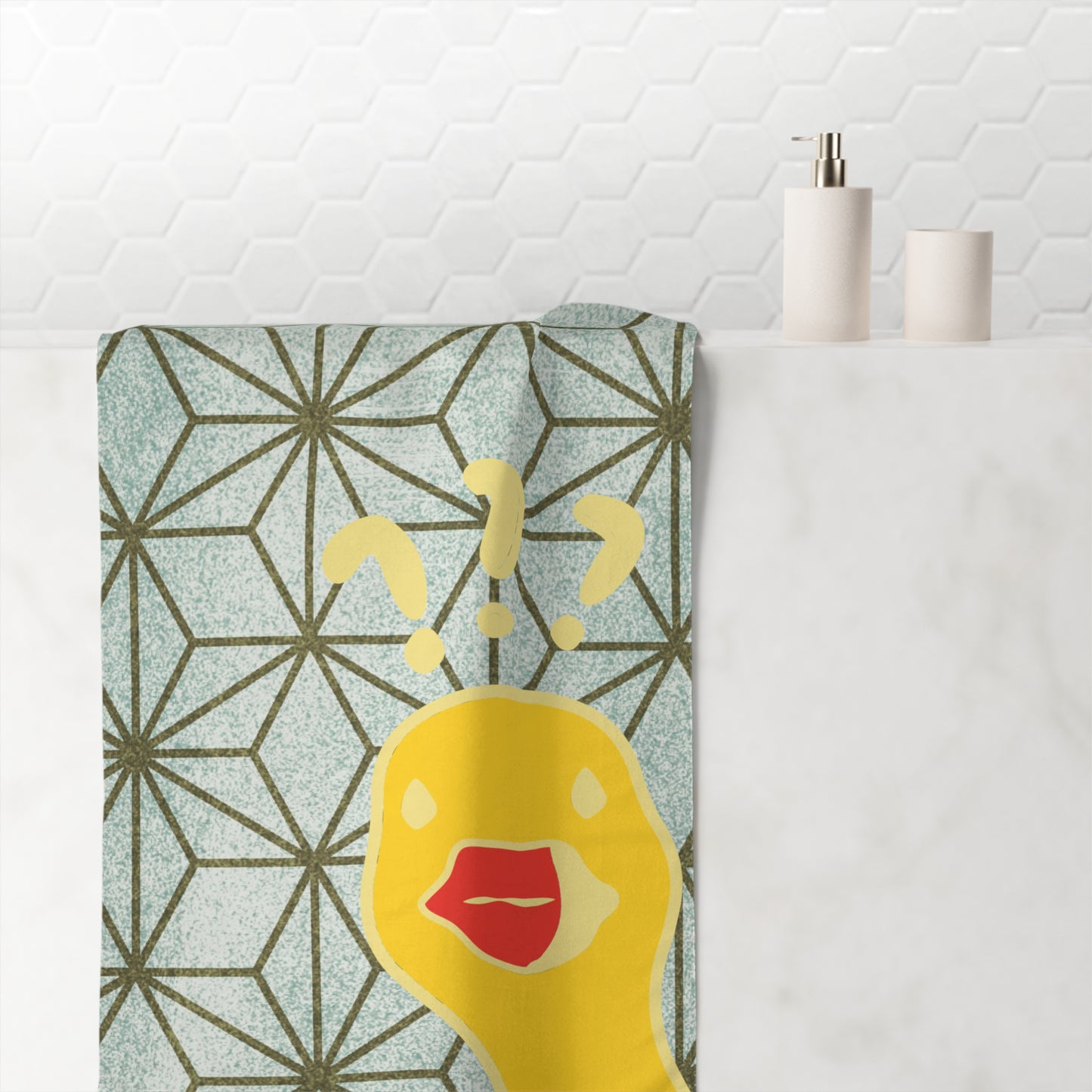 Funny bath towel featuring expressive duck over college-inspired green and gold design – quirky accessory for dorms and apartments