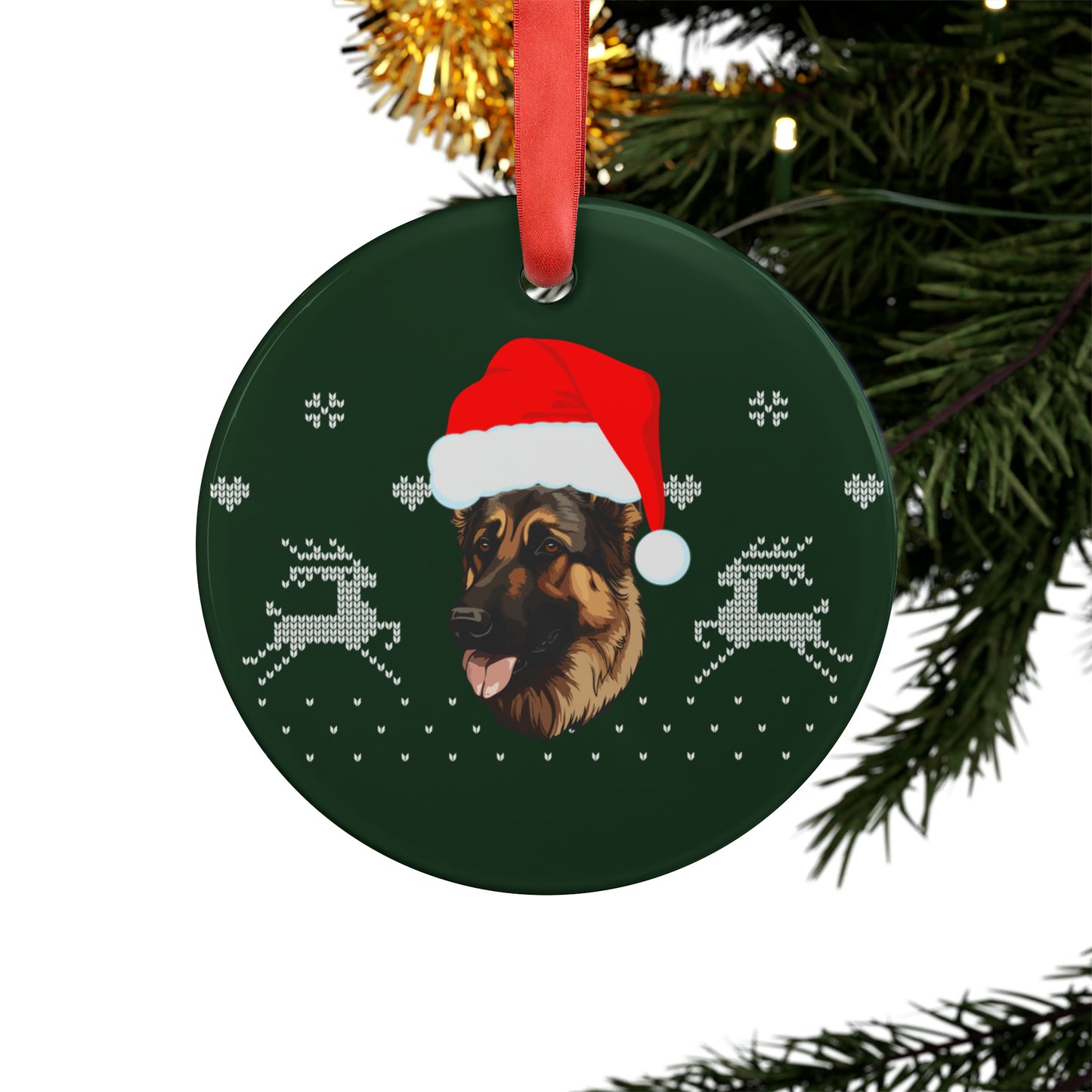german shepherd Christmas ornament wearing Santa hat hanging on a tree with twinkling lights and festive greenery