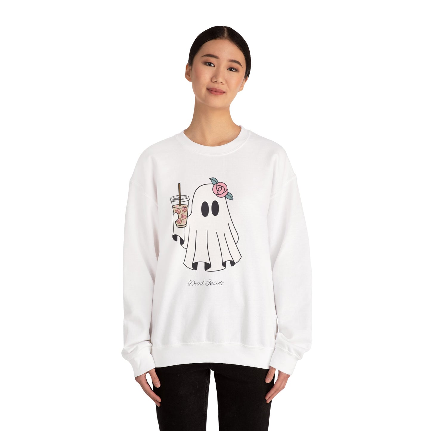 White pullover with cute ghost graphic and bold “dead inside” message, perfect for October comfort.