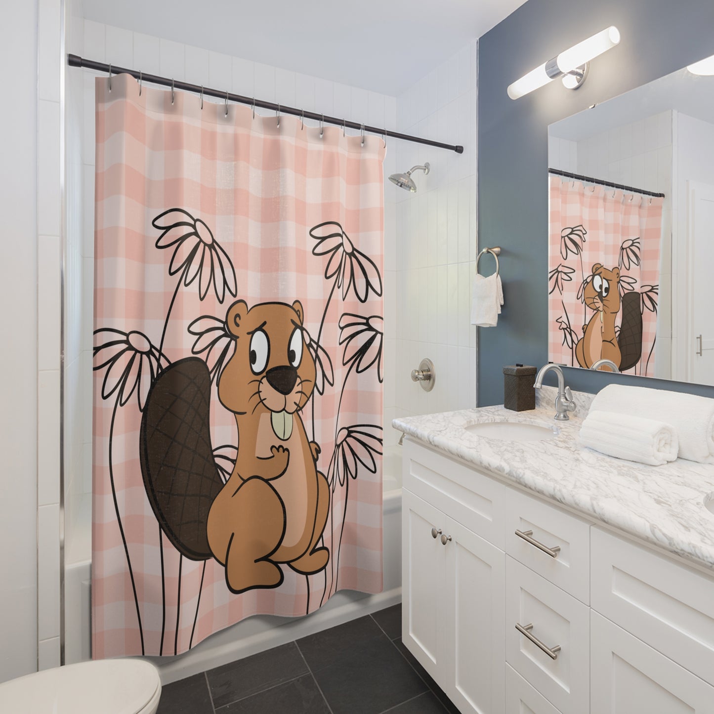 Front view of pastel orange gingham shower curtain with daisy accents and subtle beaver motif