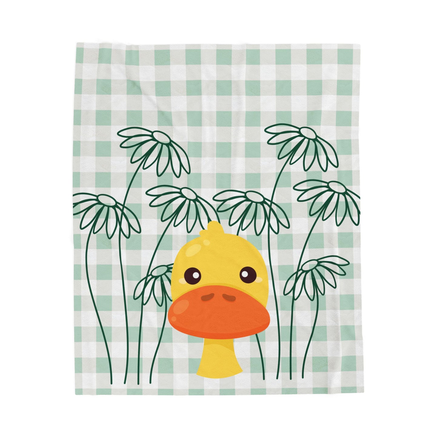 Light green plush blanket with gingham pattern, daisy accents, and duck print styled on cozy dorm bedding
