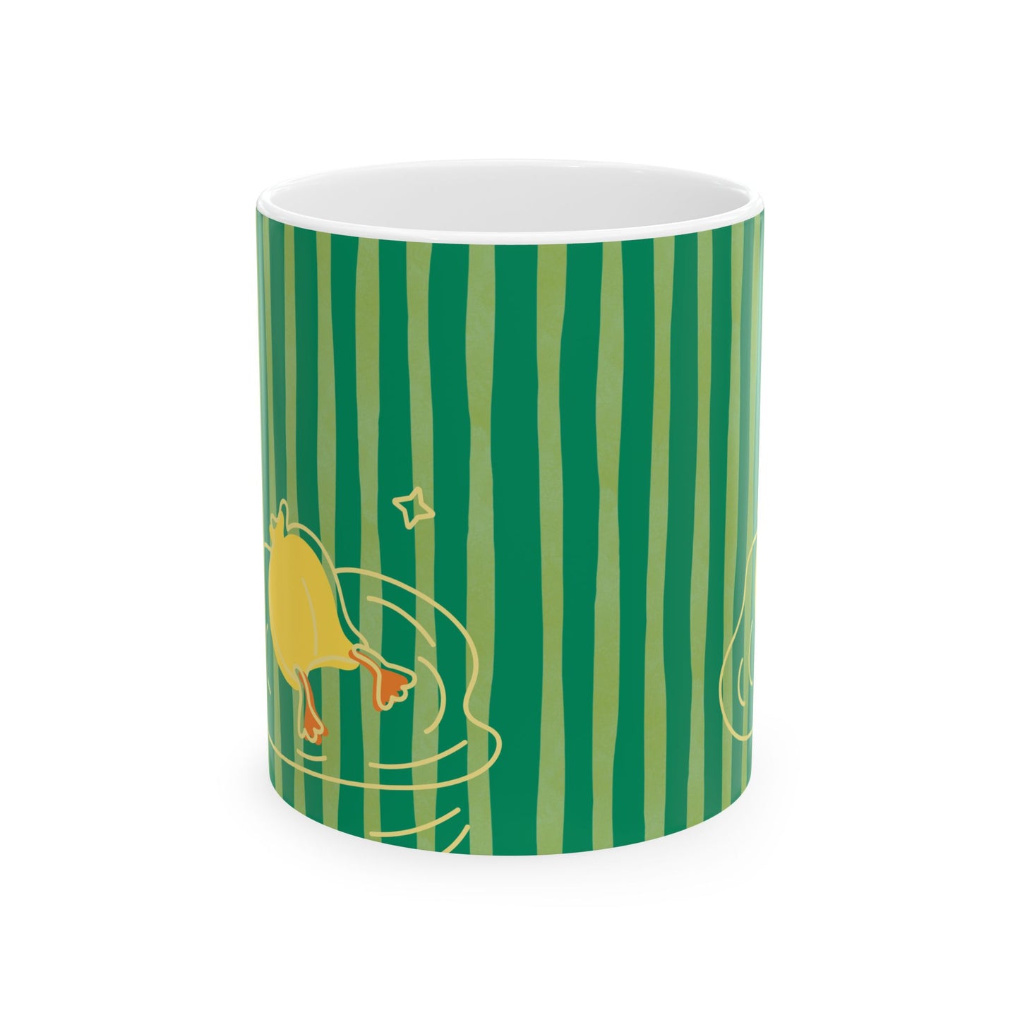 Ceramic mug with green and yellow stripes and diving duck illustration, perfect for college dorm kitchen style