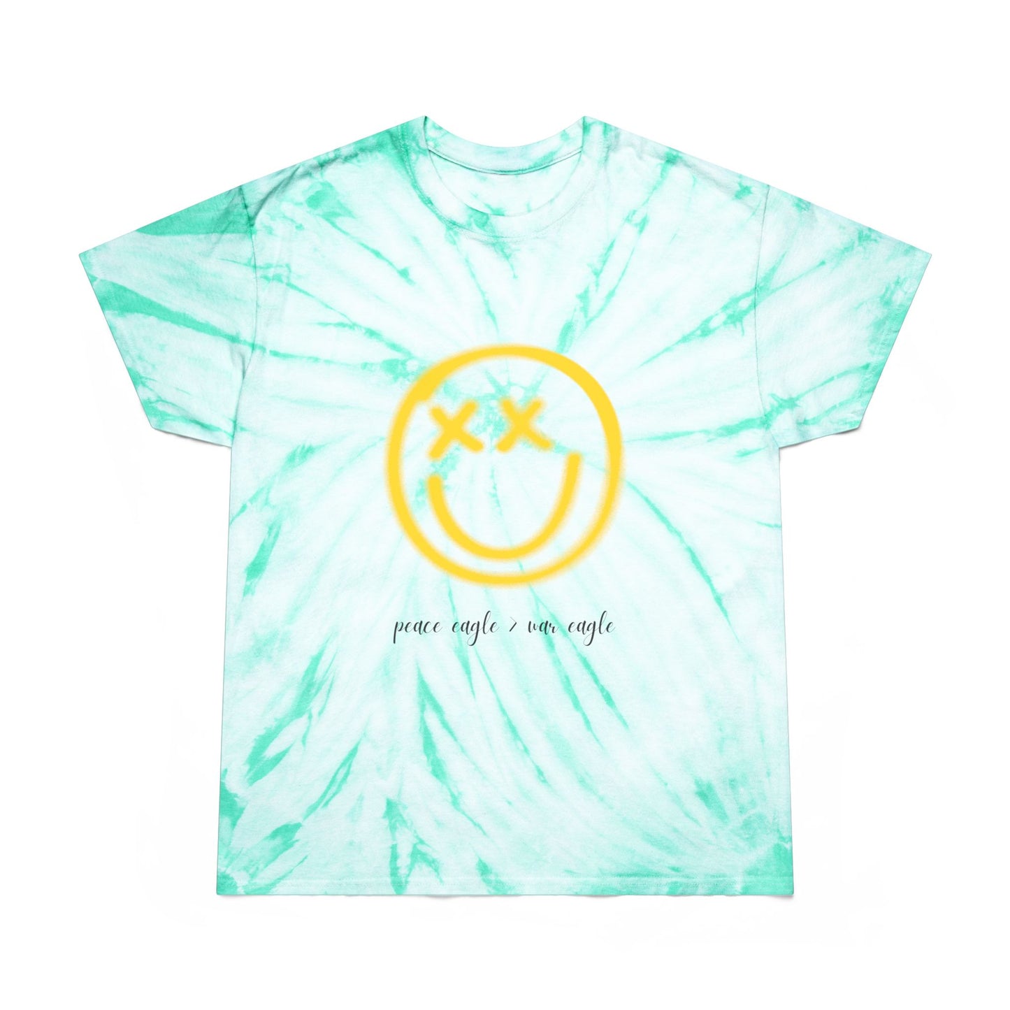 Green and yellow tie-dye shirt with smiley graphic and “peace eagle > war eagle” text, styled for bold and playful college football fans.