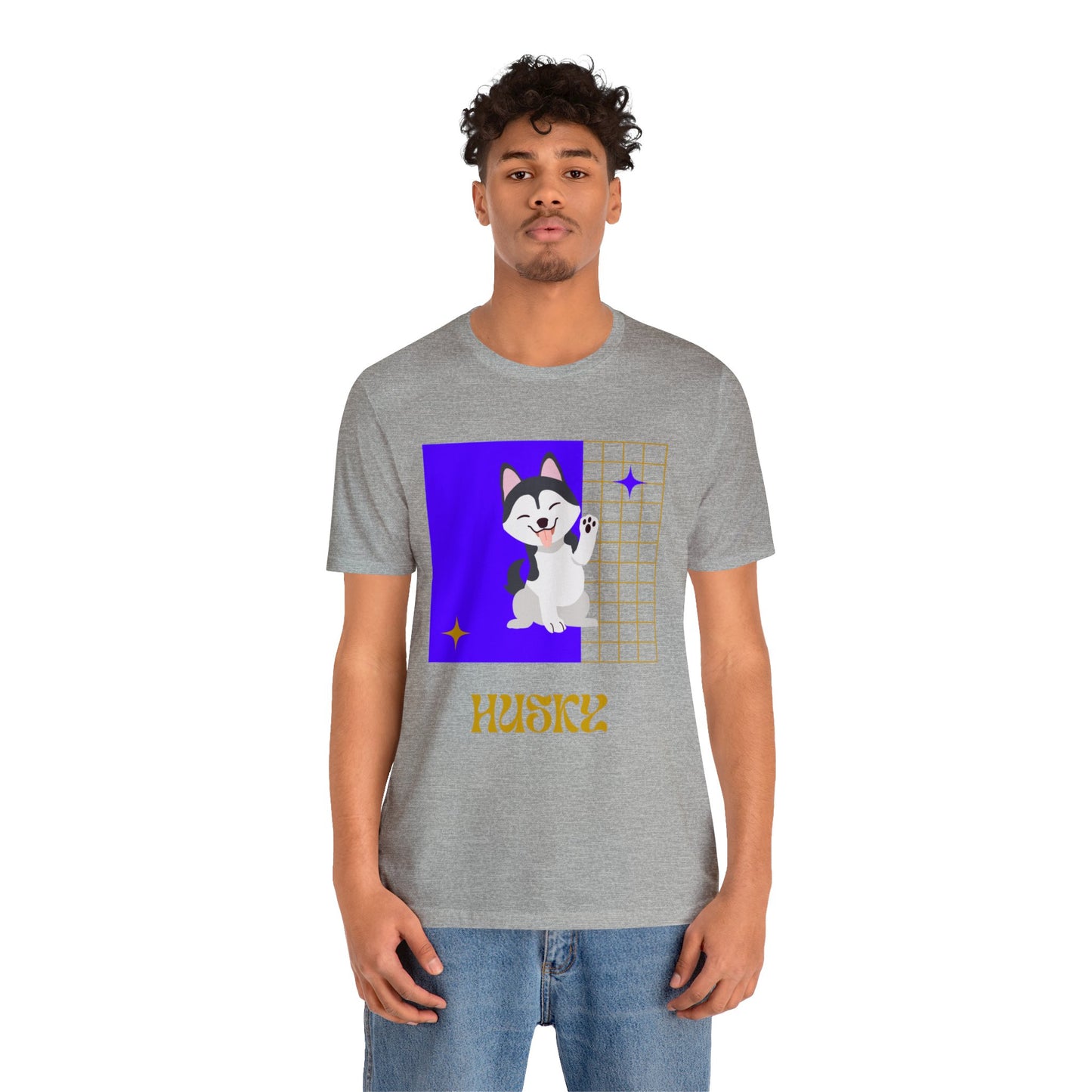 Heather gray t-shirt with husky-inspired purple and gold design, laid out with white sneakers and high-waisted denim—everyday gameday look.