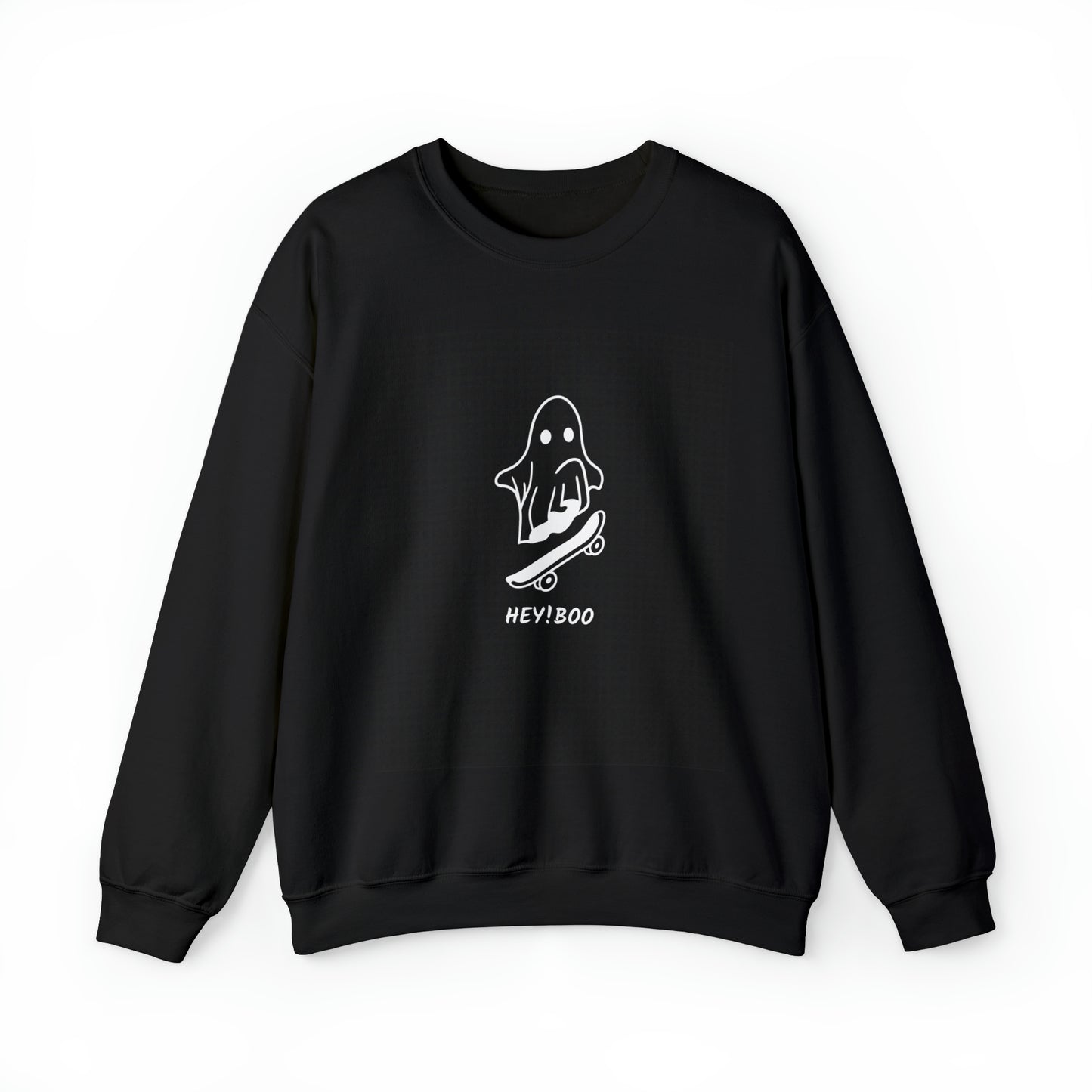 Halloween sweatshirt with ghost riding skateboard and Hey! Boo text, perfect for spooky season”