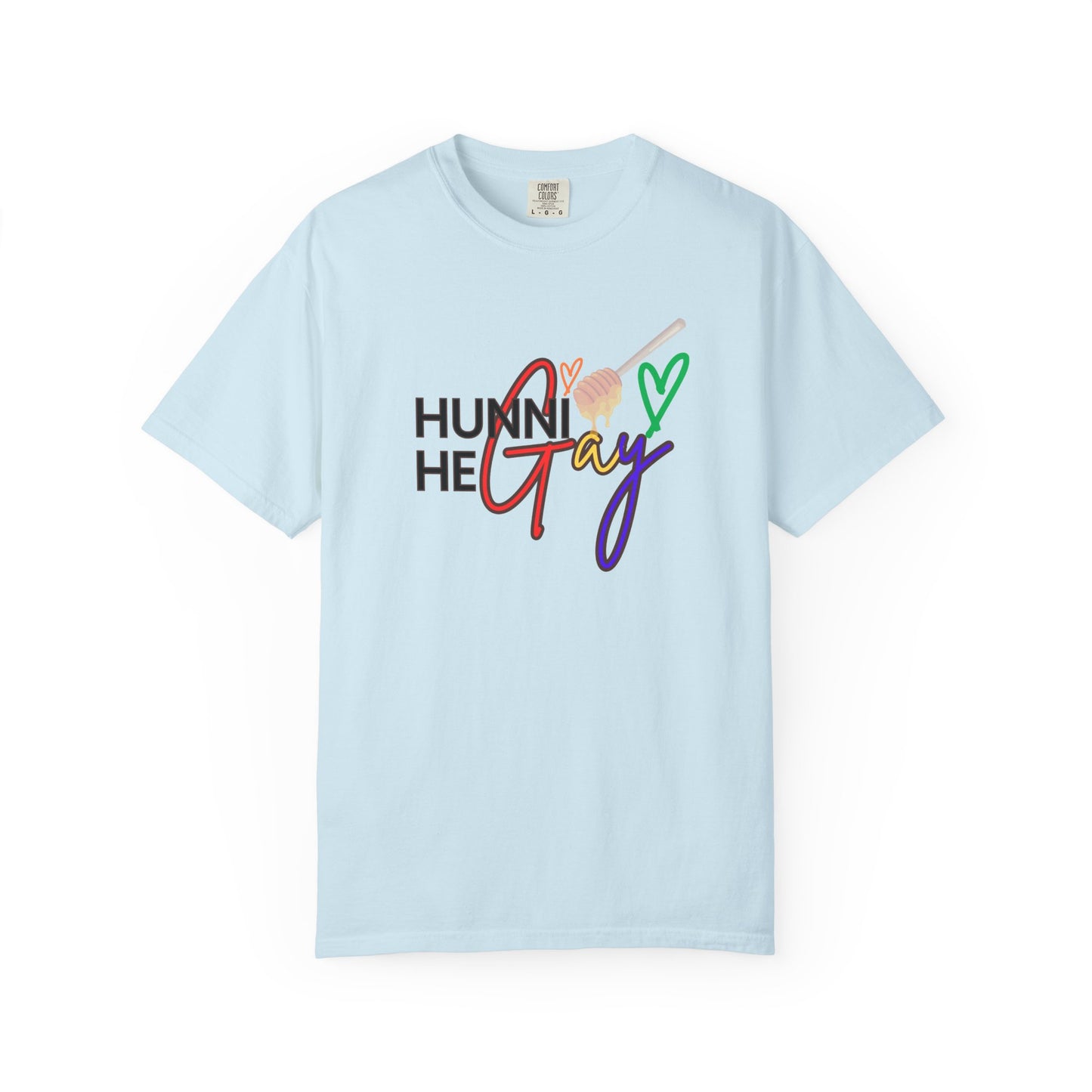 Eye-catching baby blue "Hunni He Gay" tee with colorful typography, perfect for showcasing LGBTQ+ pride with a fresh, energetic vibe.